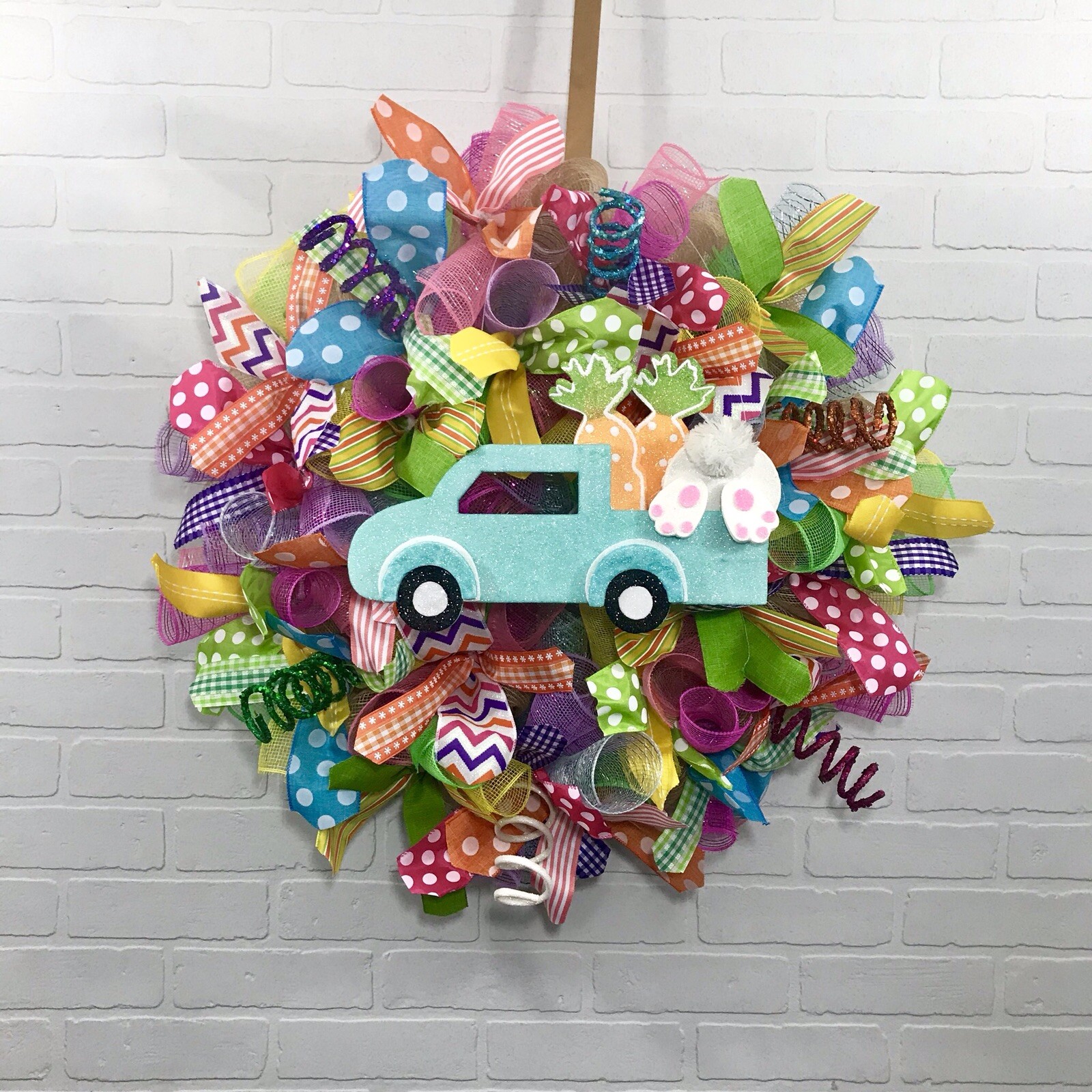 Easter, Spring, Bright, Pink, Blue, Yellow, Fun, Whimsical, Deco Mesh Wreath