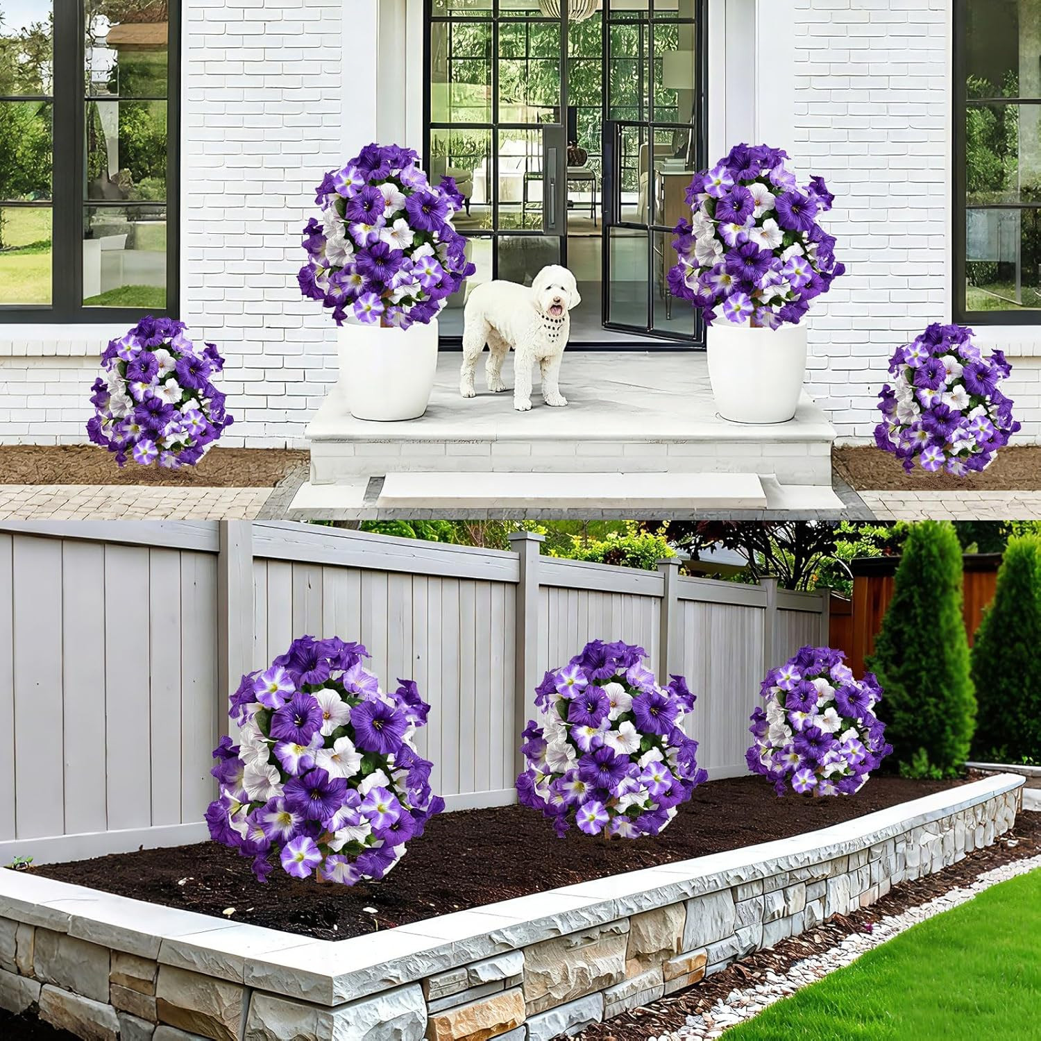 Set of 2 UV Resistant Purple Petunia Topiary Ball Trees for Outdoor Decor