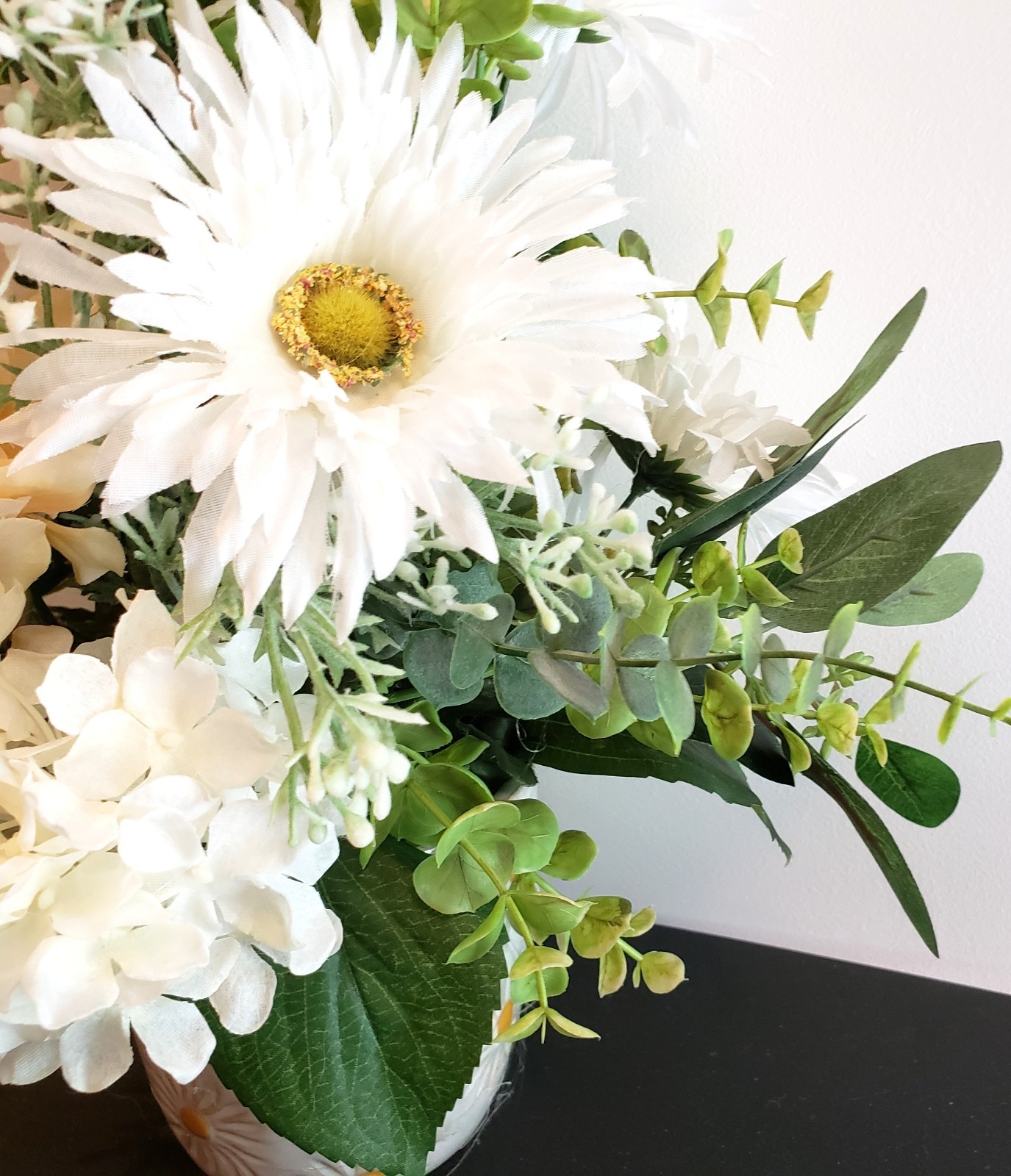 Cream Hydrangea & White Daisy Faux Floral Arrangement, Cottage Style Centerpiece
