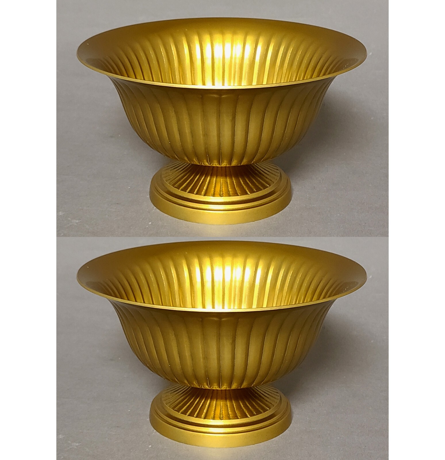 Compote Bowl Vase Gold Finish Aluminum Fluted Revere Set/2 8″D 4.5″High