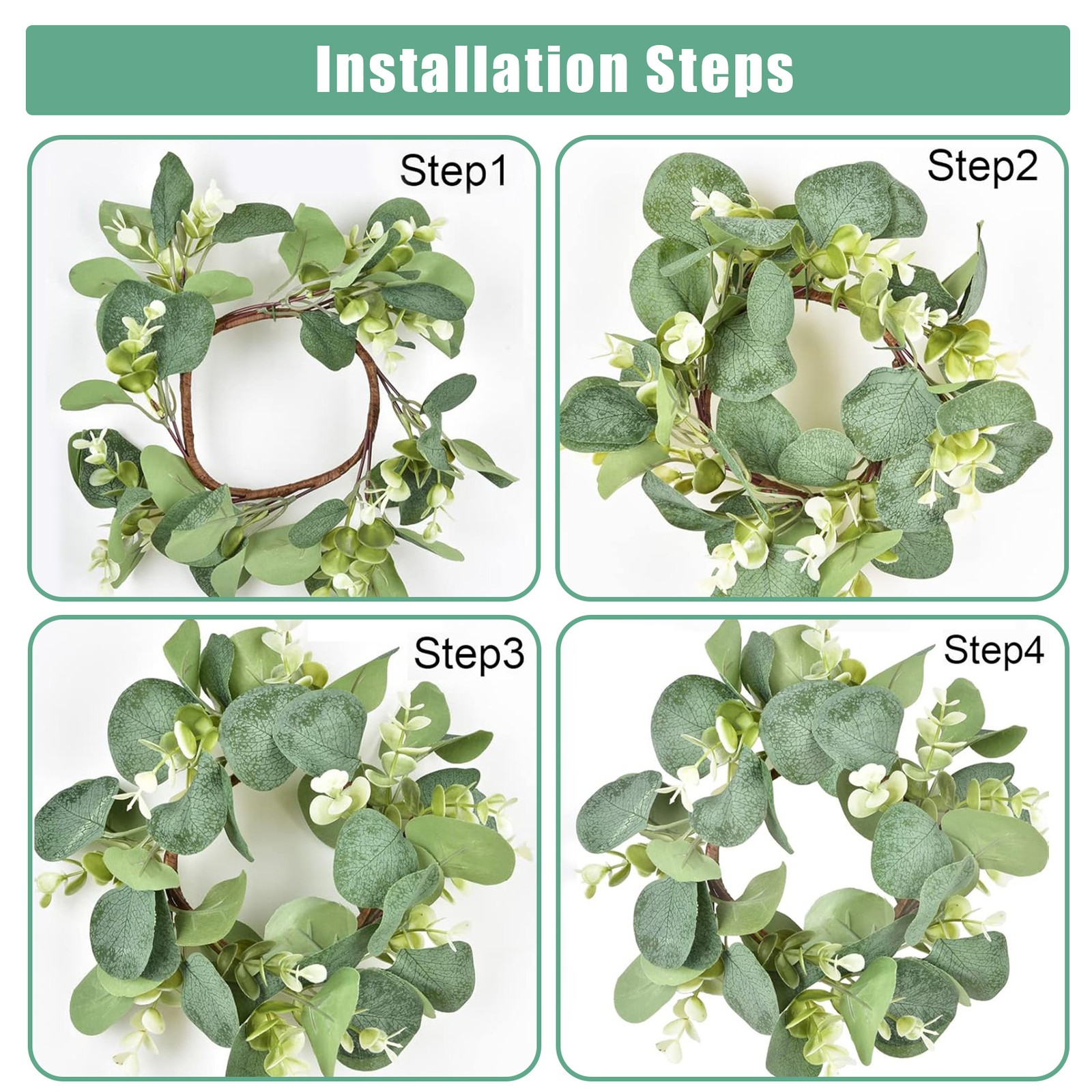 12 Pcs Candle Rings,Small 4″ Artificial Eucalyptus Wreaths,Wedding Table Decor