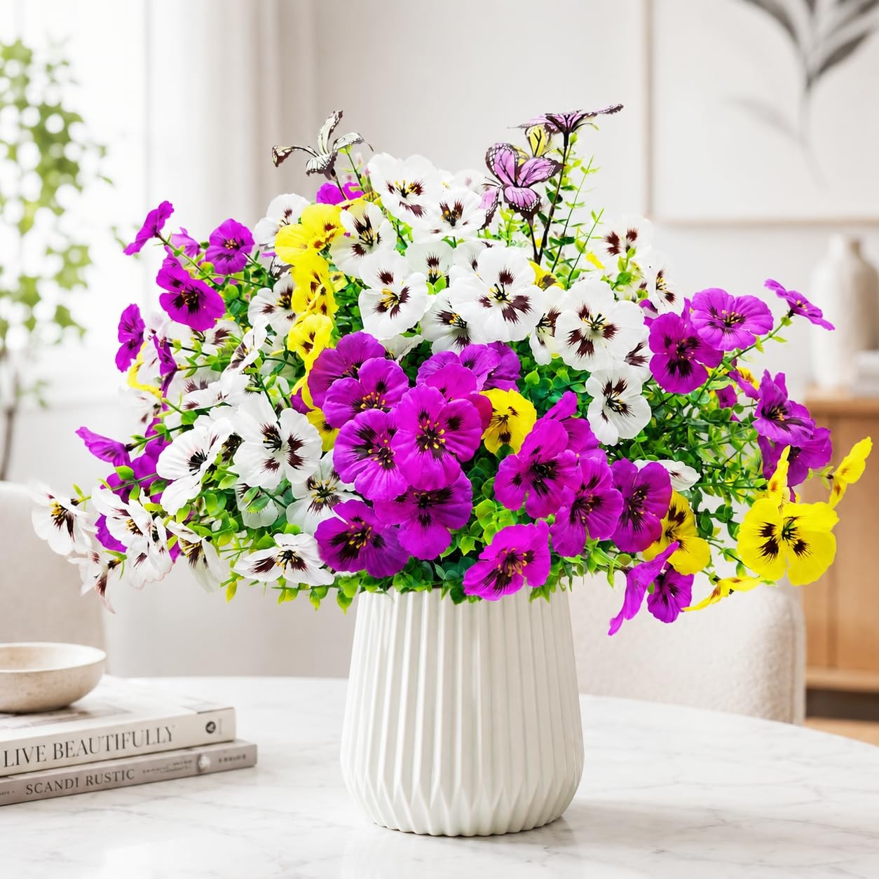 Geegoods Purple White Yellow Pansy Flowers 18 Stems