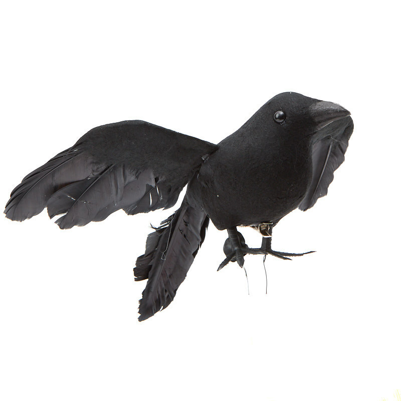 2 Black Feathered Flying 10″ Crow Birds with Attached Silver Clips