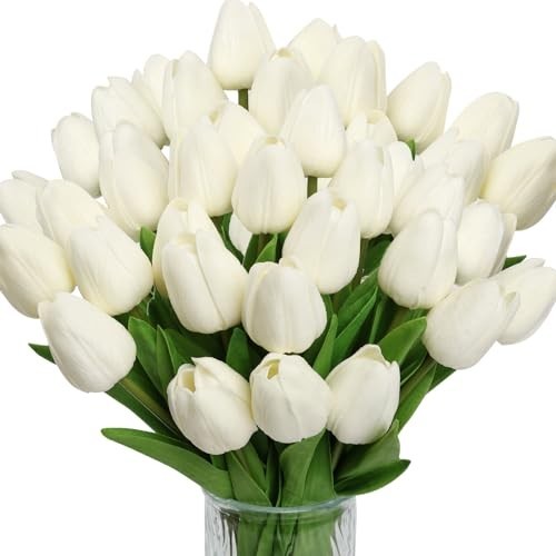 30 White Tulips Artificial Real Touch Latex Flowers Bouquet 12.6 Inch for Home
