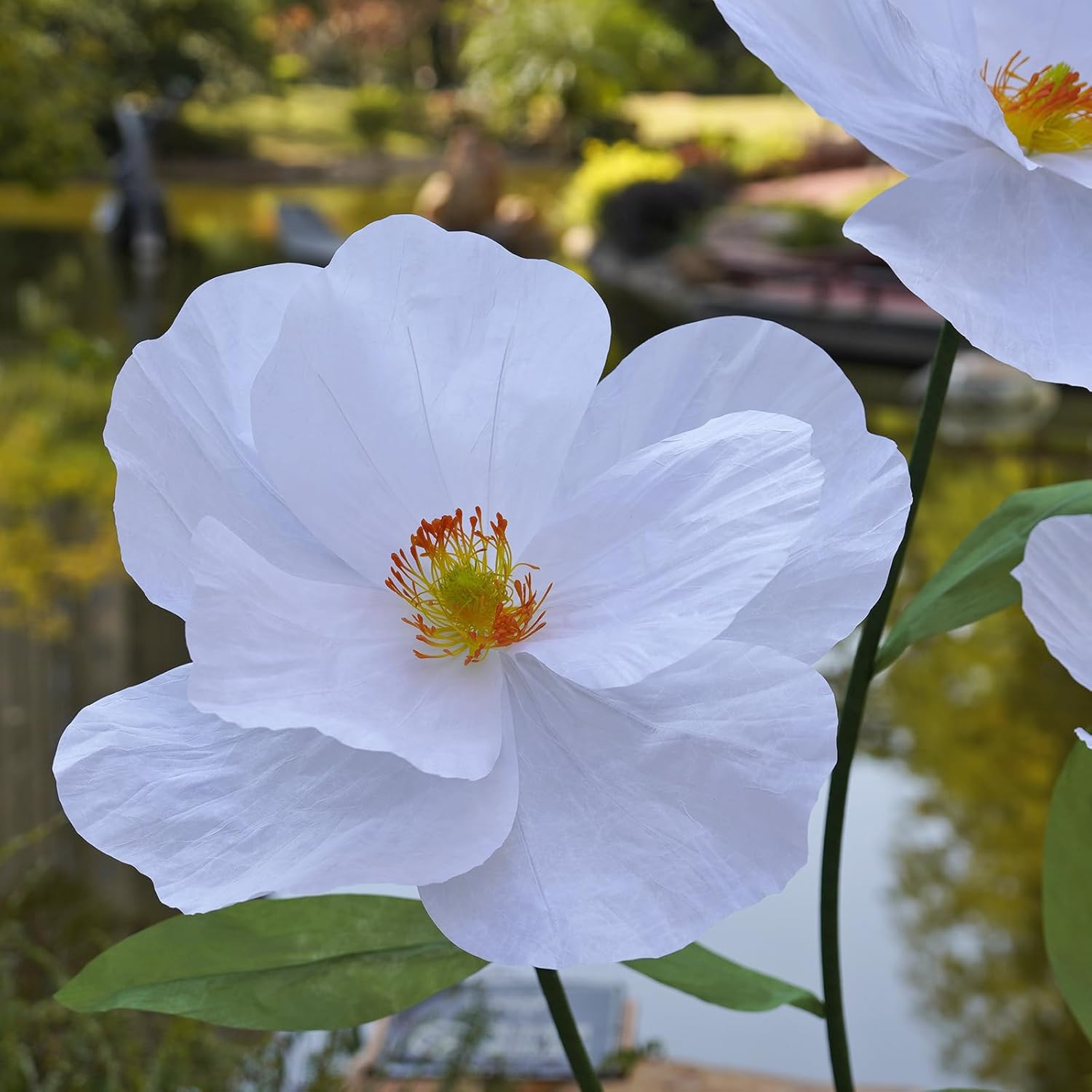 Giant White Paper Poppy Flowers for Home Decor & Events – Handcrafted Stand Incl