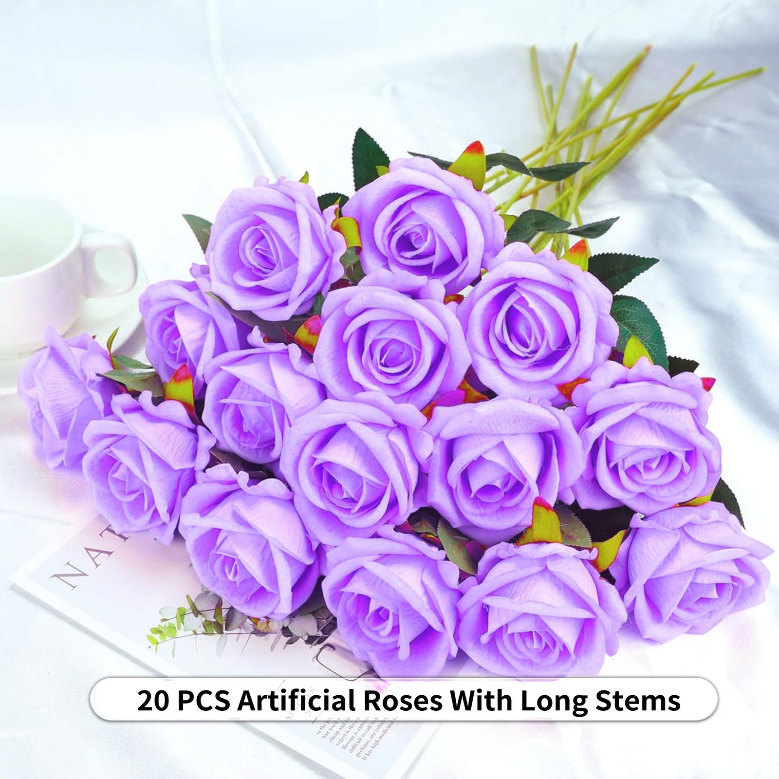 20PCS Artificial Roses with Long Stems – Realistic Silk Flowers, Fake Roses R…