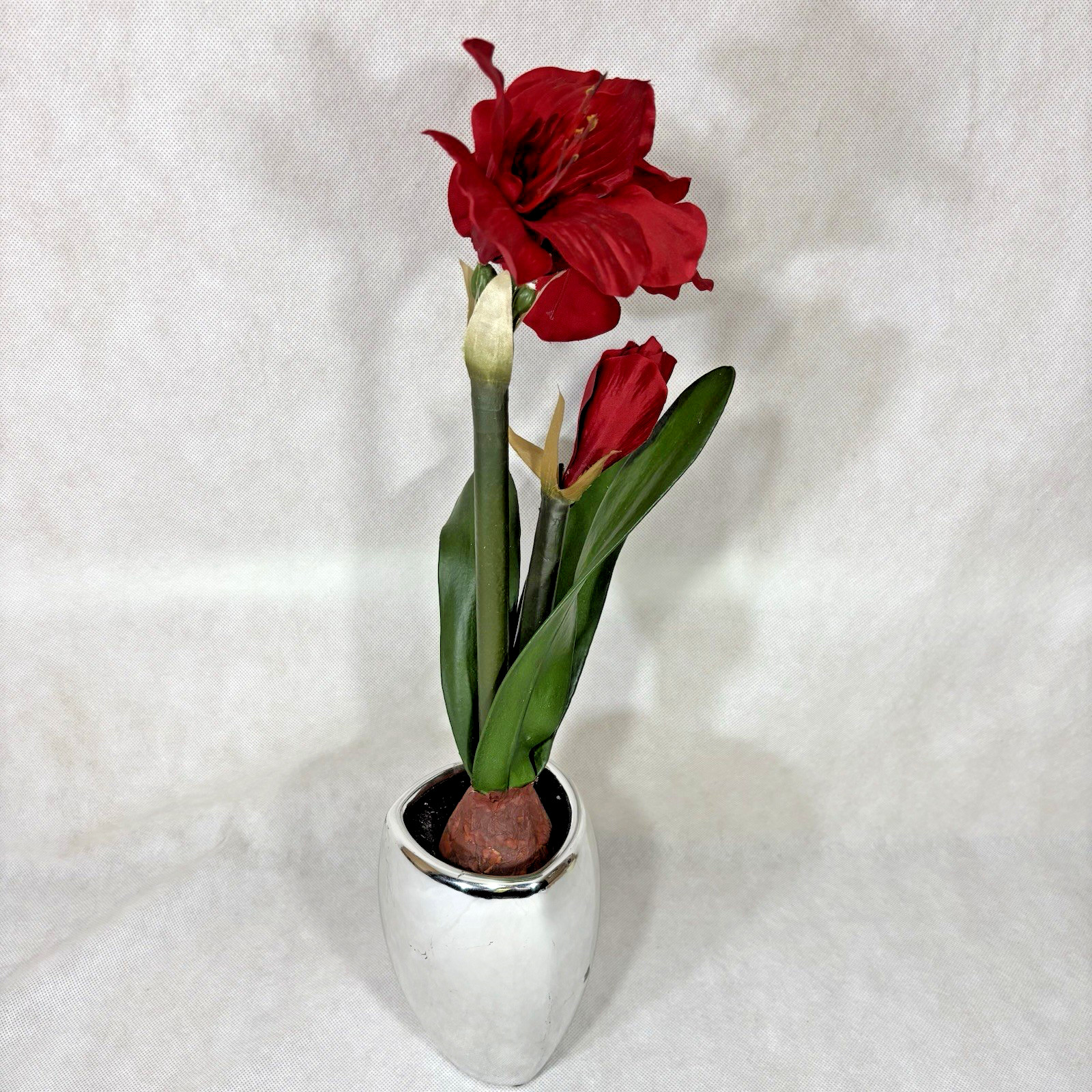 Metallic Chrome Ceramic 7″ Planter Vase w/ Faux Flower Display Floral