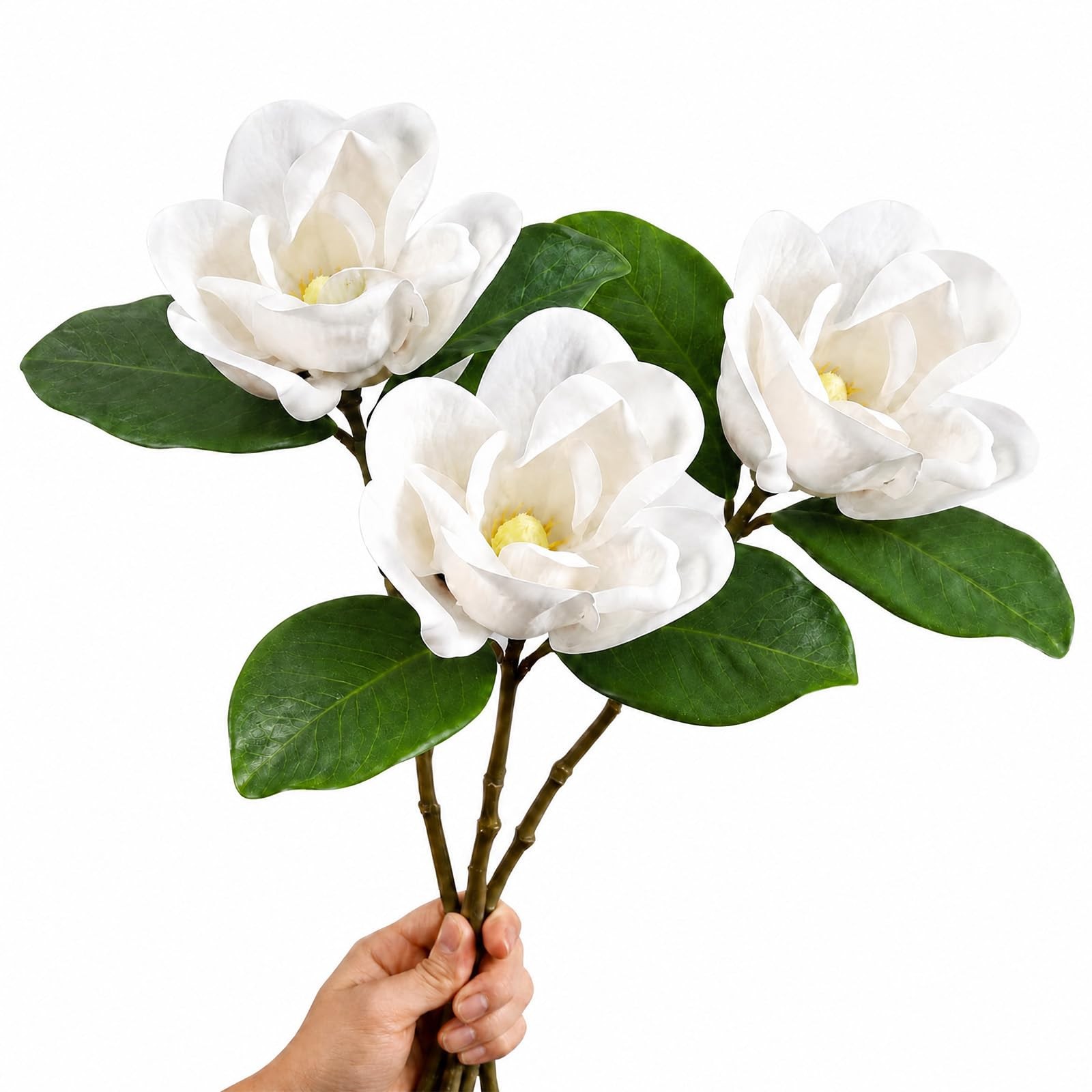 3 Stems Faux Magnolia Flowers, Magnolia Fake Flowers, Real Touch Creamy White…