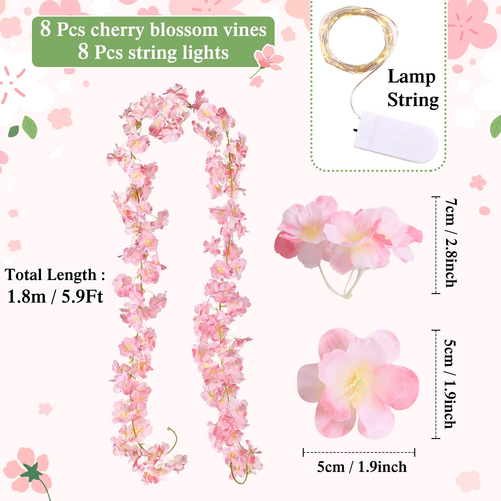 8 Pcs 47.2‬ ft Cherry Blossom Flower Garland with String Light Artificial Han…