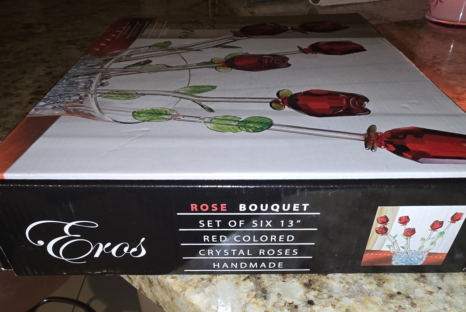Eros Handmade Crystal Glass Rose Bouquet Set of 6, 13 in, Red