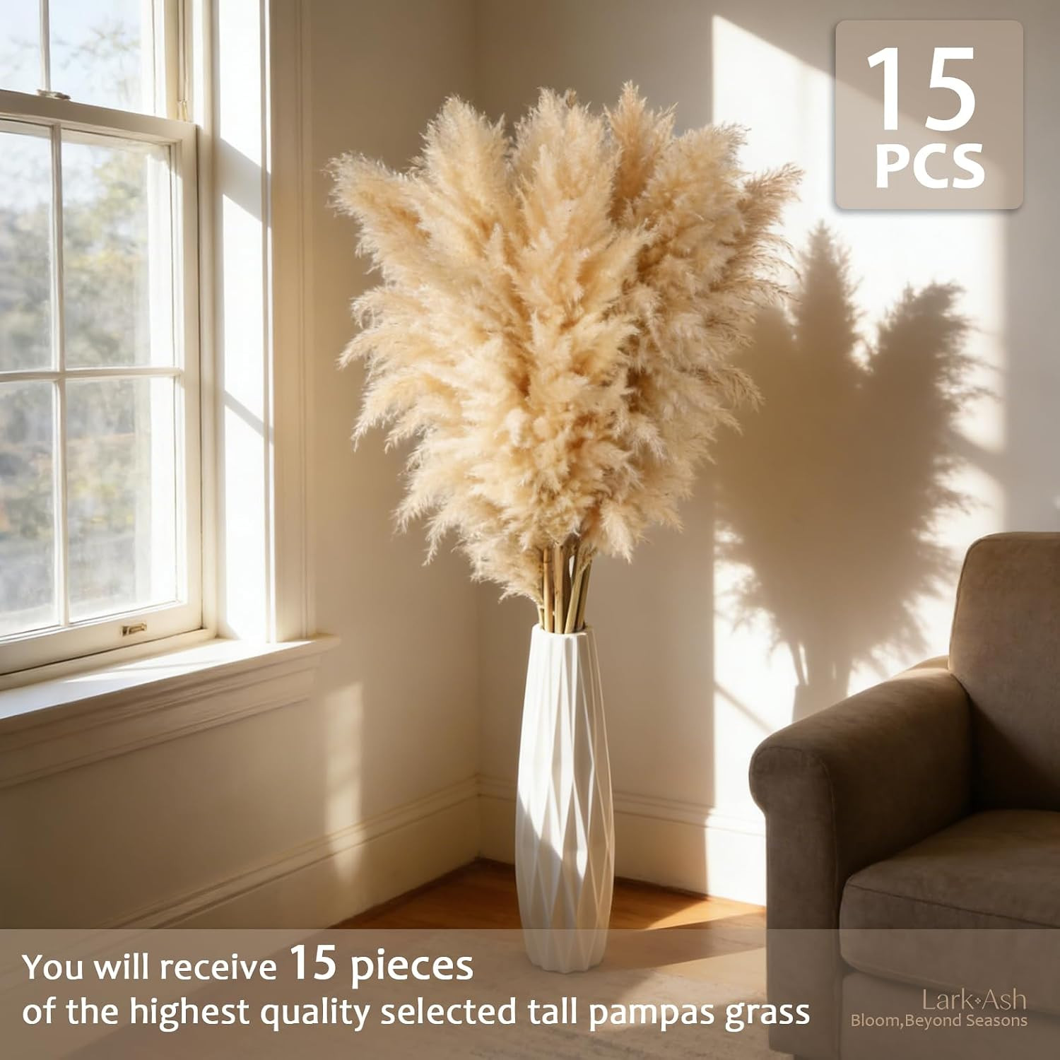 55Inch 15Pcs Tall Pampas Grass for Floor Vase-Dried Pampas Grass Decor Tall Brow