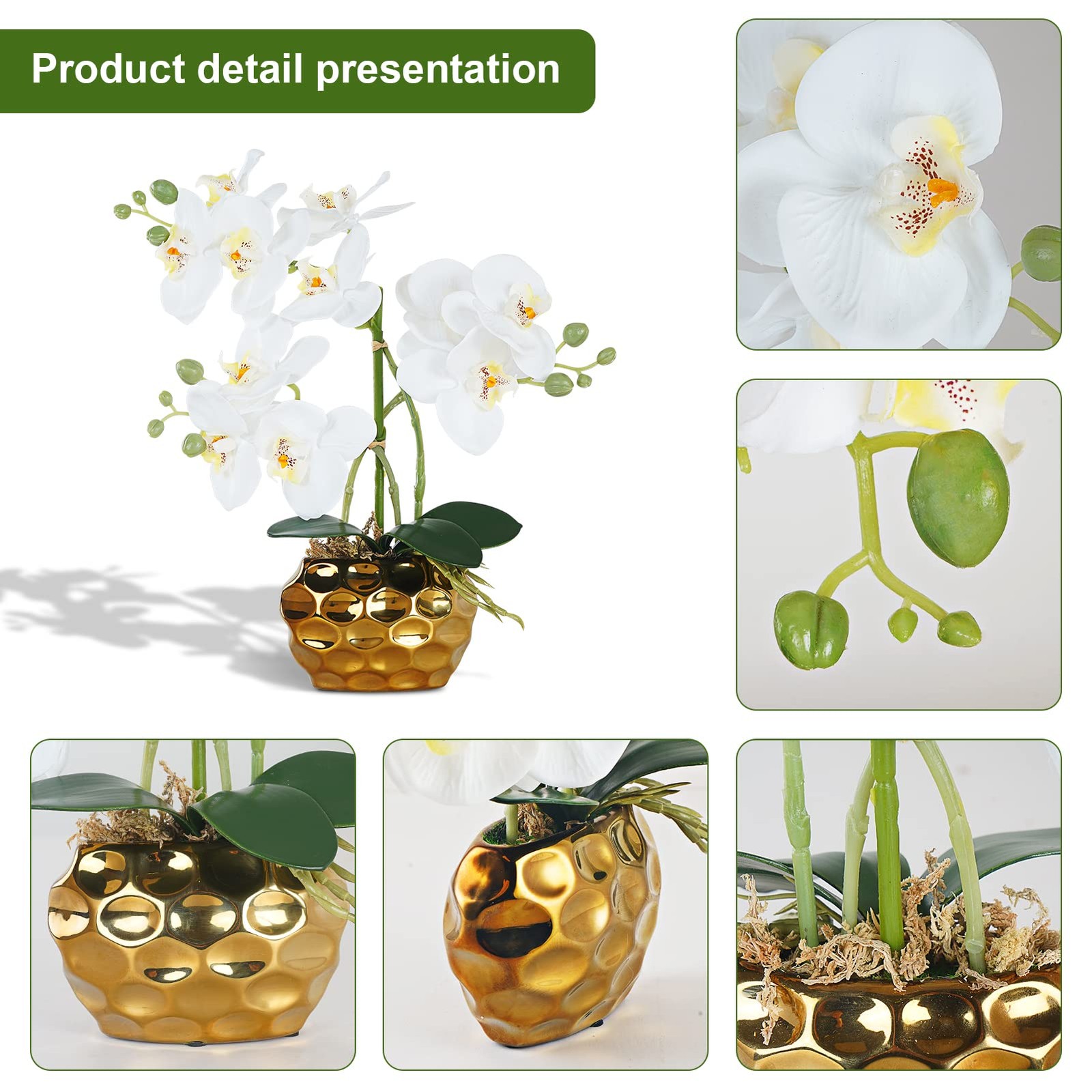 Artificial Orchid Flowers Plants Potted in Ceramic Pot, White Faux Phalaenop…