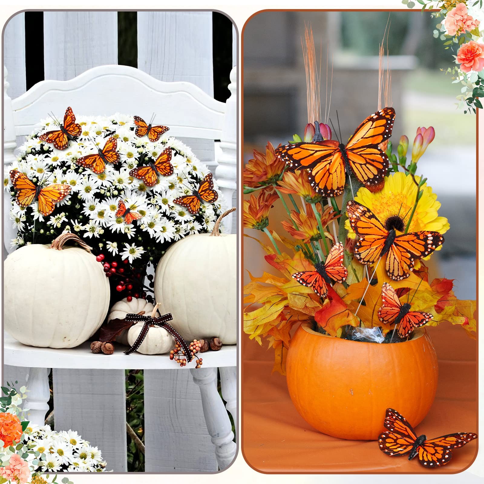 24 Pcs Monarch Butterfly Decorations 4 Size Artificial Monarch Feather Fake B…