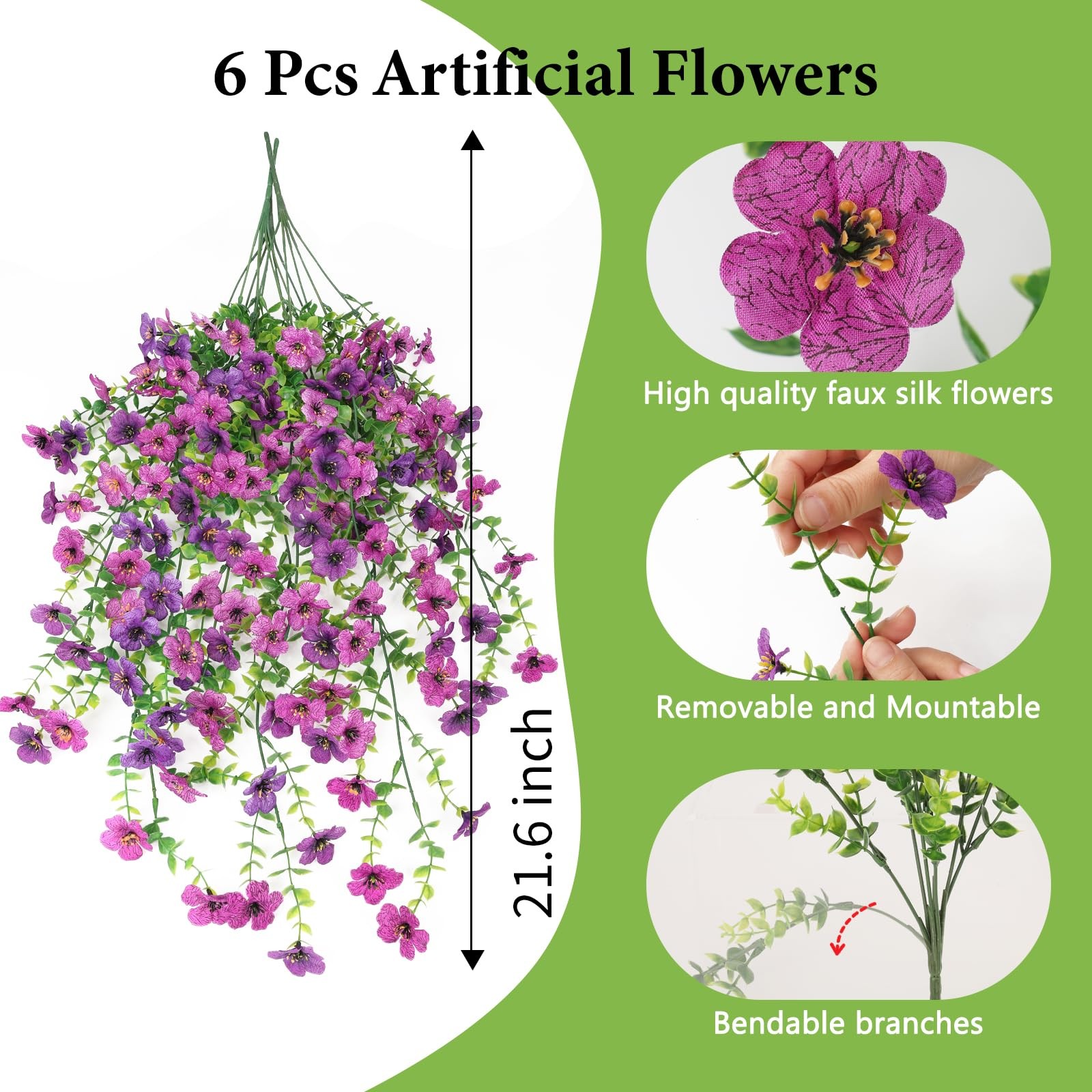 Artificial Fake Hanging Flowers Plants for Outdoor Spring Decoration,6 PCS Fa…