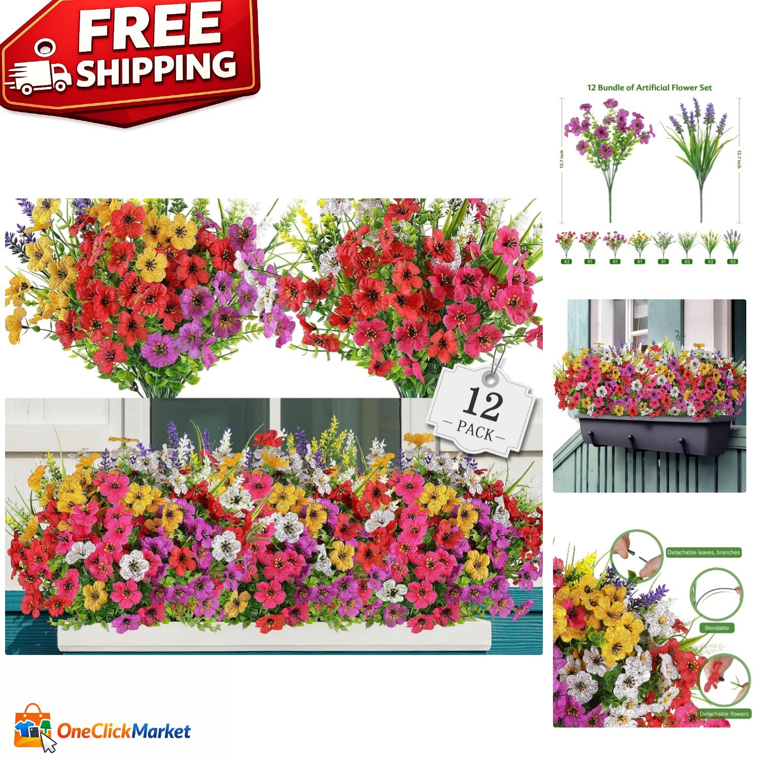 12 Bundle No Fade Artificial Flowers – Vibrant Faux Plants for -Round Decor