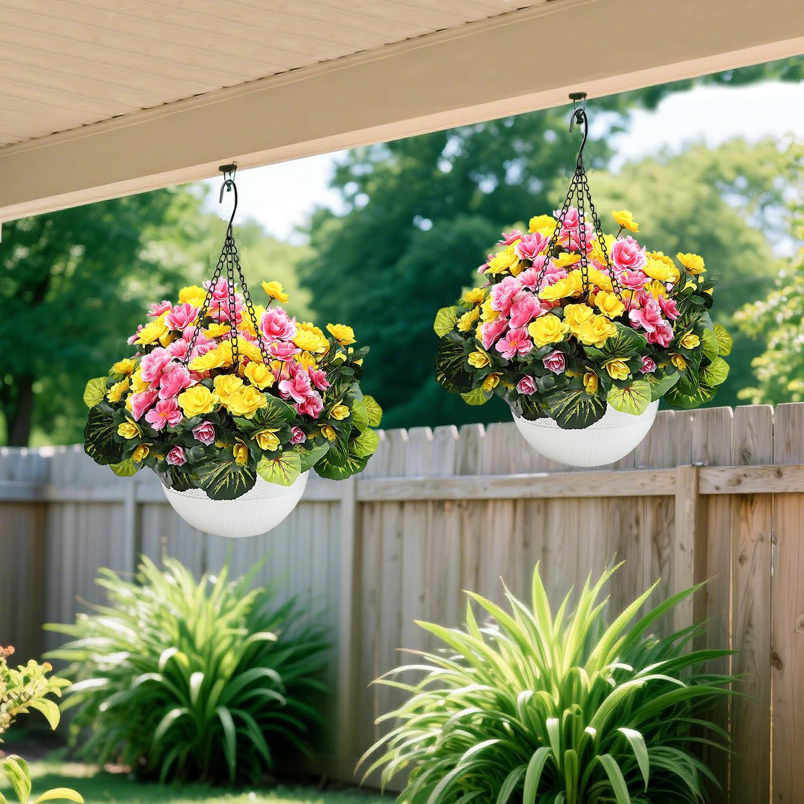 Set of 2 Artificial Flowers with Hanging Baskets Pre-Assembled Silk Fake Large