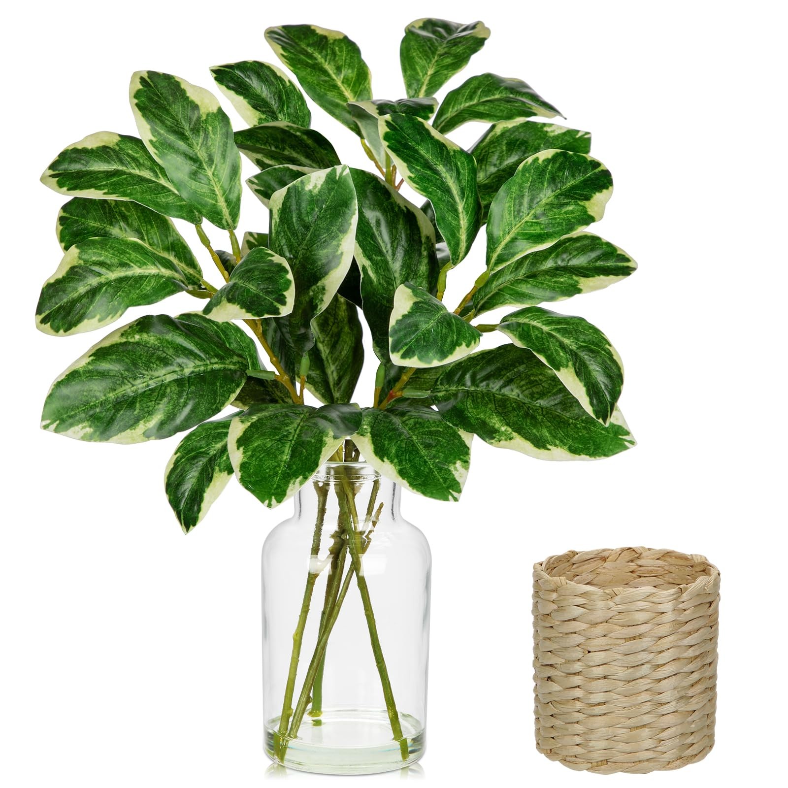 Real Touch Faux Greenery Stems in Vase with Woven Sleeve & Faux Water, 13.8″ …