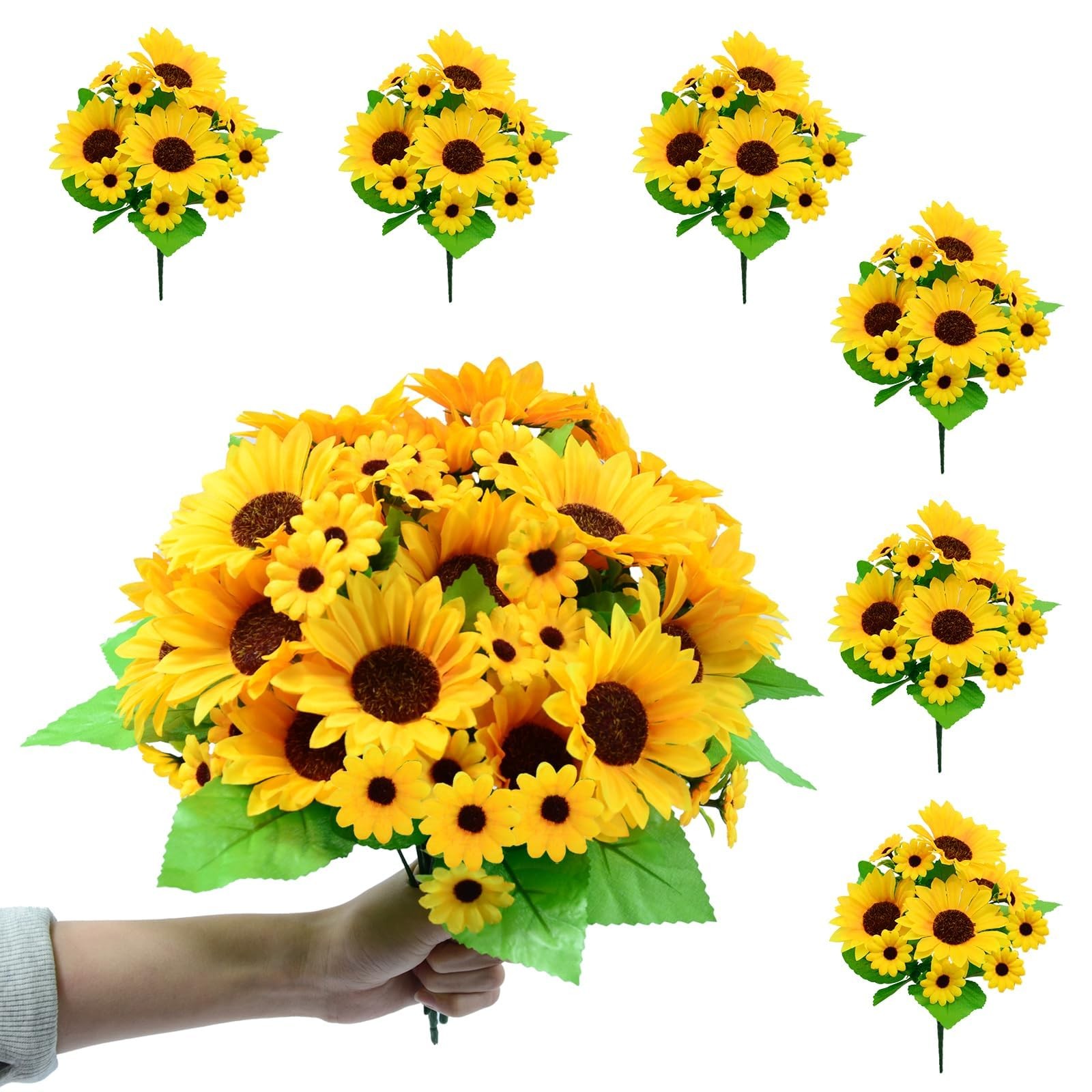 6 Pack Artificial Sunflowers Bouquet, Outdoor Artificial Flower with Stems, 6…
