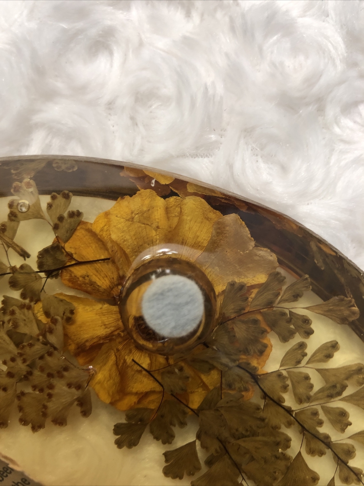 VINTAGE KITCHEN 6 1/2″ DRIED FLOWERS STEMS LEAVES CANDLE HOLDER LUCITE TRIVET