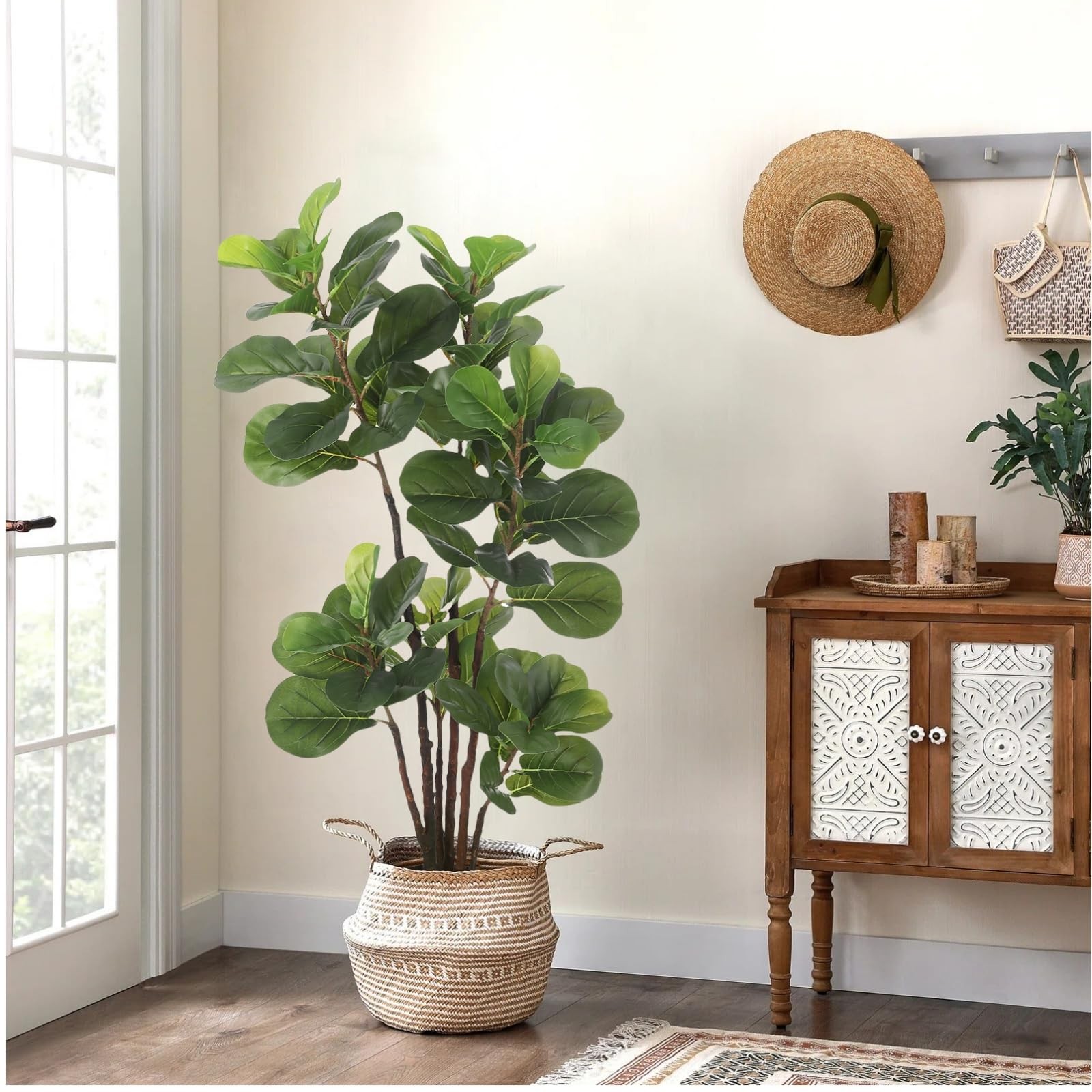 Faux Fiddle Leaf Fig Tree, 4 Ft Artificial Ficus Lyrata Plant with 72 Fiddle …