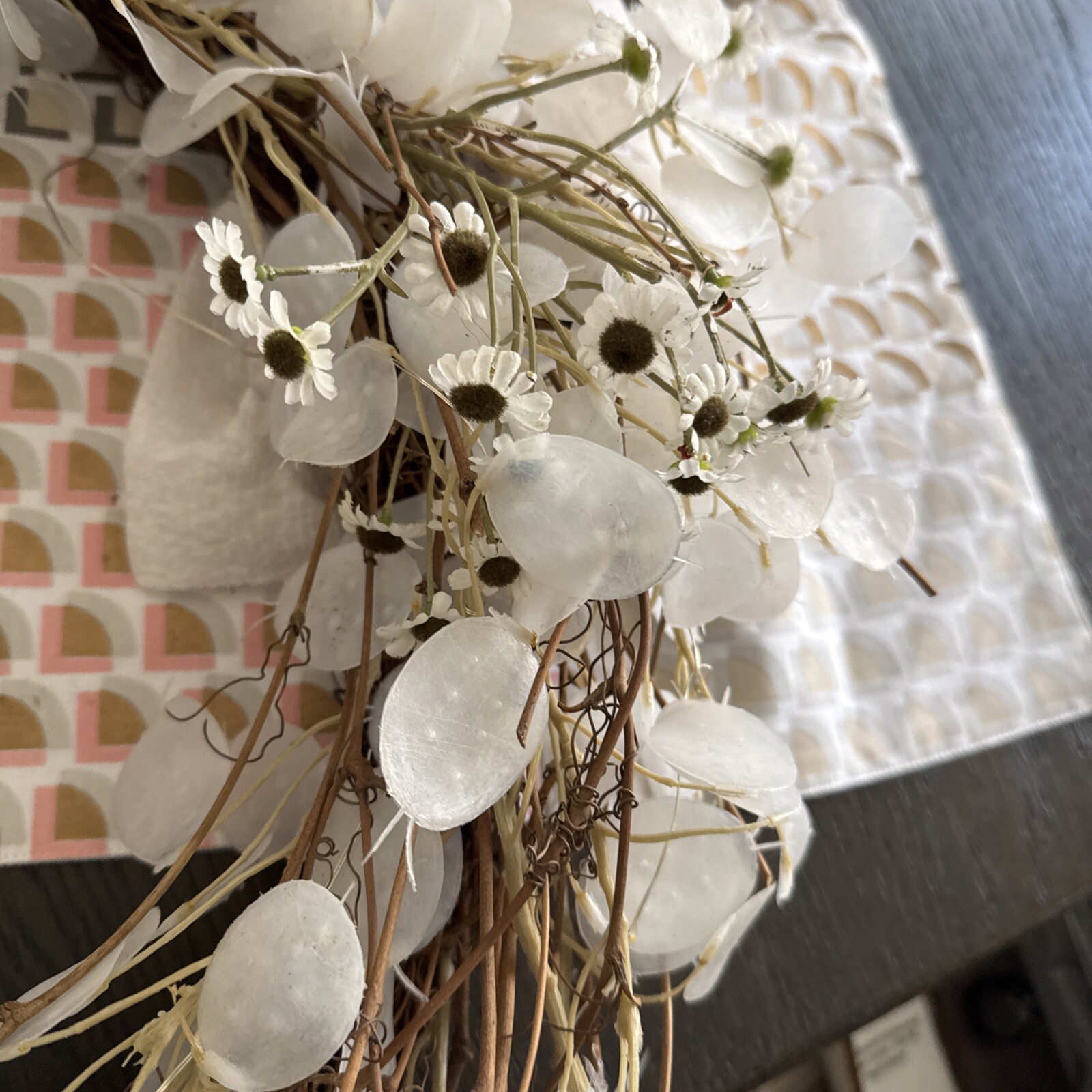 Dried Look Translucent Bleached Lunaria Wreath W/ Lights
