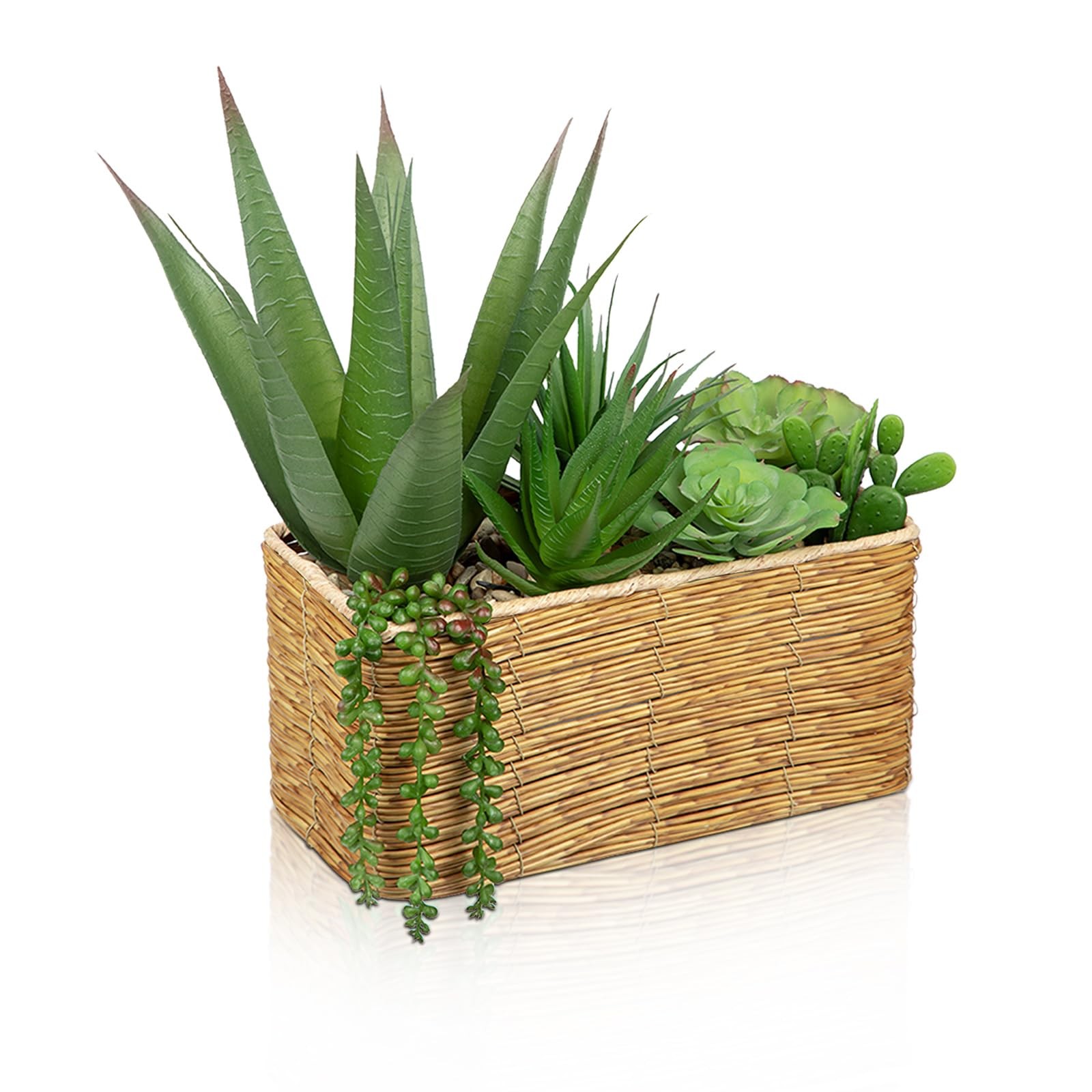 Artificial Succulent Plant Arrangement in Rectangular Woven Basket 12″