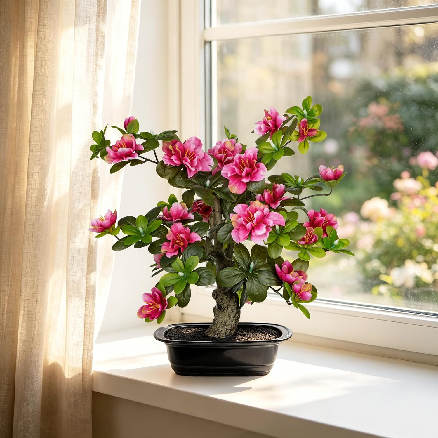 15.7″ Pink Artificial Azalea Bonsai Tree – Faux Floral Home Decor Centerpiece