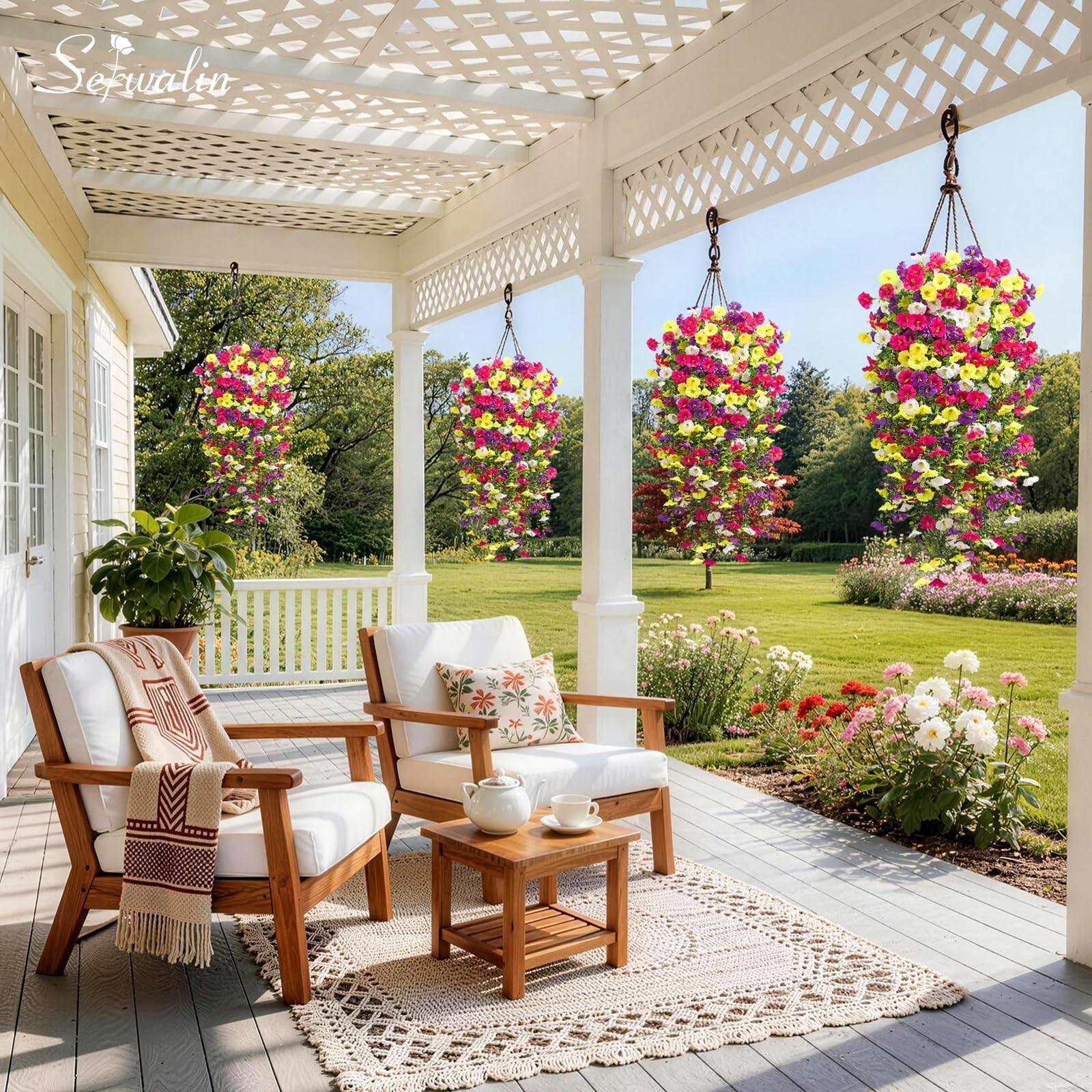 Serwalin Artificial Hanging Flowers for Outdoors UV Resistant, 4PCS Faux Morn…