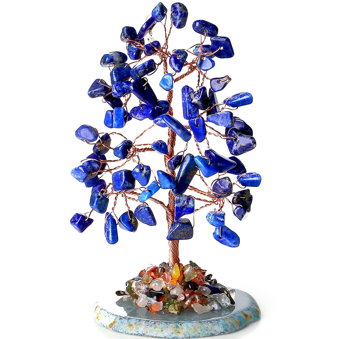 Lapis Lazuli Crystal Tree with Agate Slices Base, Copper Wire Money Life Tree…