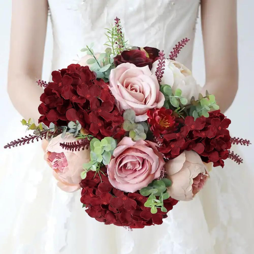 100PCS Burgundy Silk Hydrangea Flowers with Stems for Wedding & Home Decor