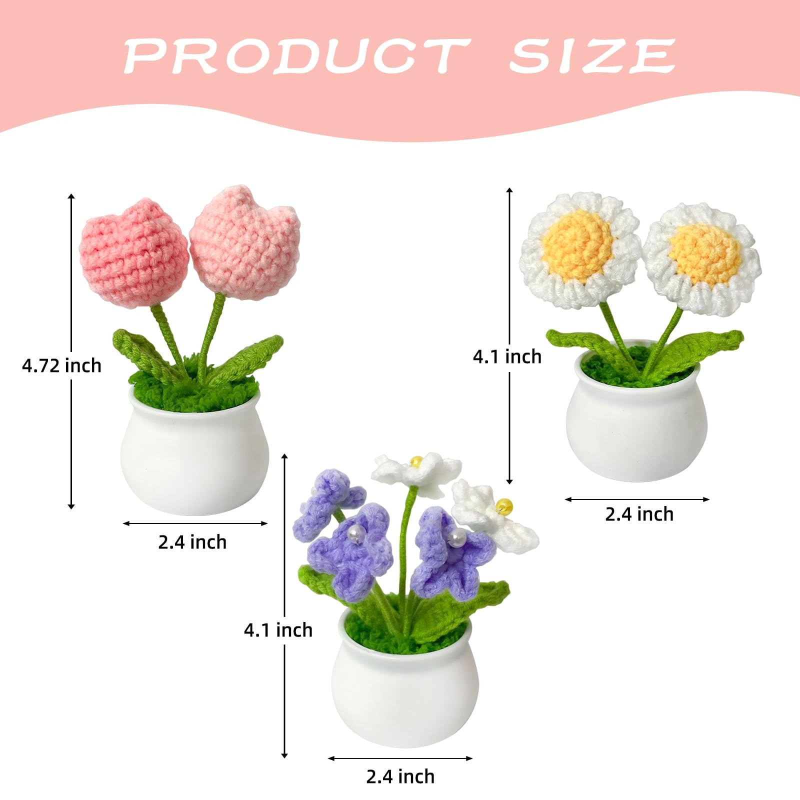 3 PCS Crochet Flower Pot Daisy Tulips Forget Me Not Desk Decor Mothers Day