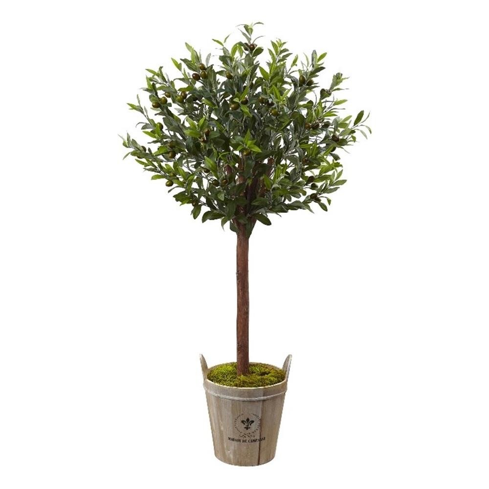 Nearly Natural 4.5ft Olive Topiary Tree with European Barrel Planter in Green
