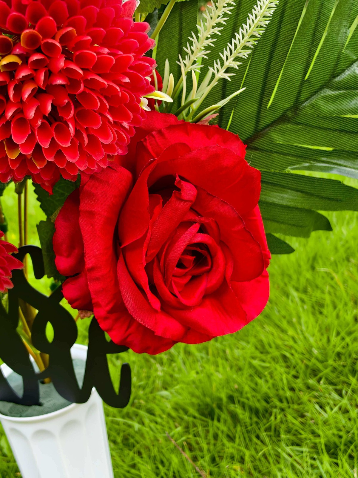 Red Roses Artificial Cemetery Flowers in Vase – Memorial Grave Headstone Decor