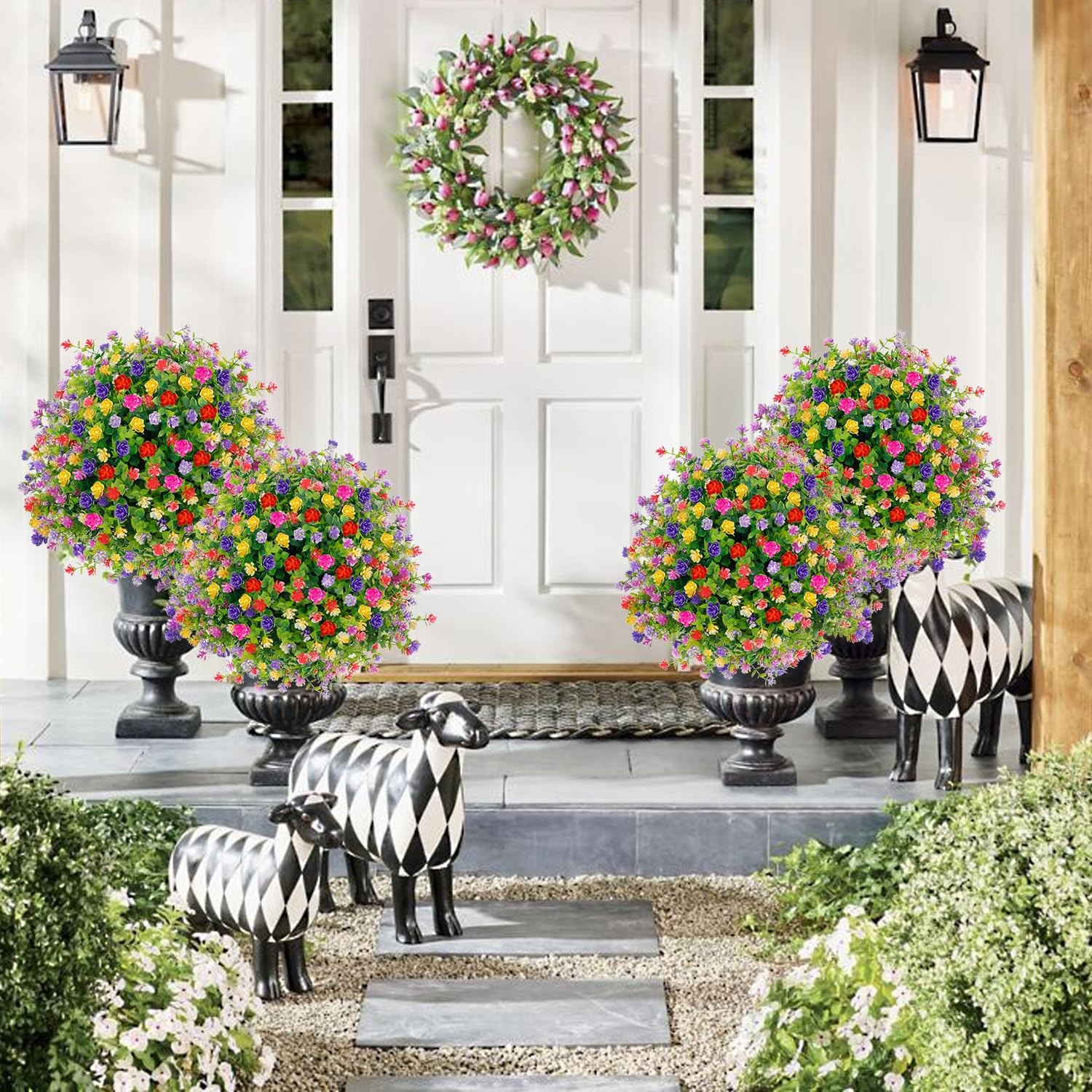 Artificial Topiary Trees with Flowers Outdoor, 2 Pack UV Resistant 23.6” Fau…