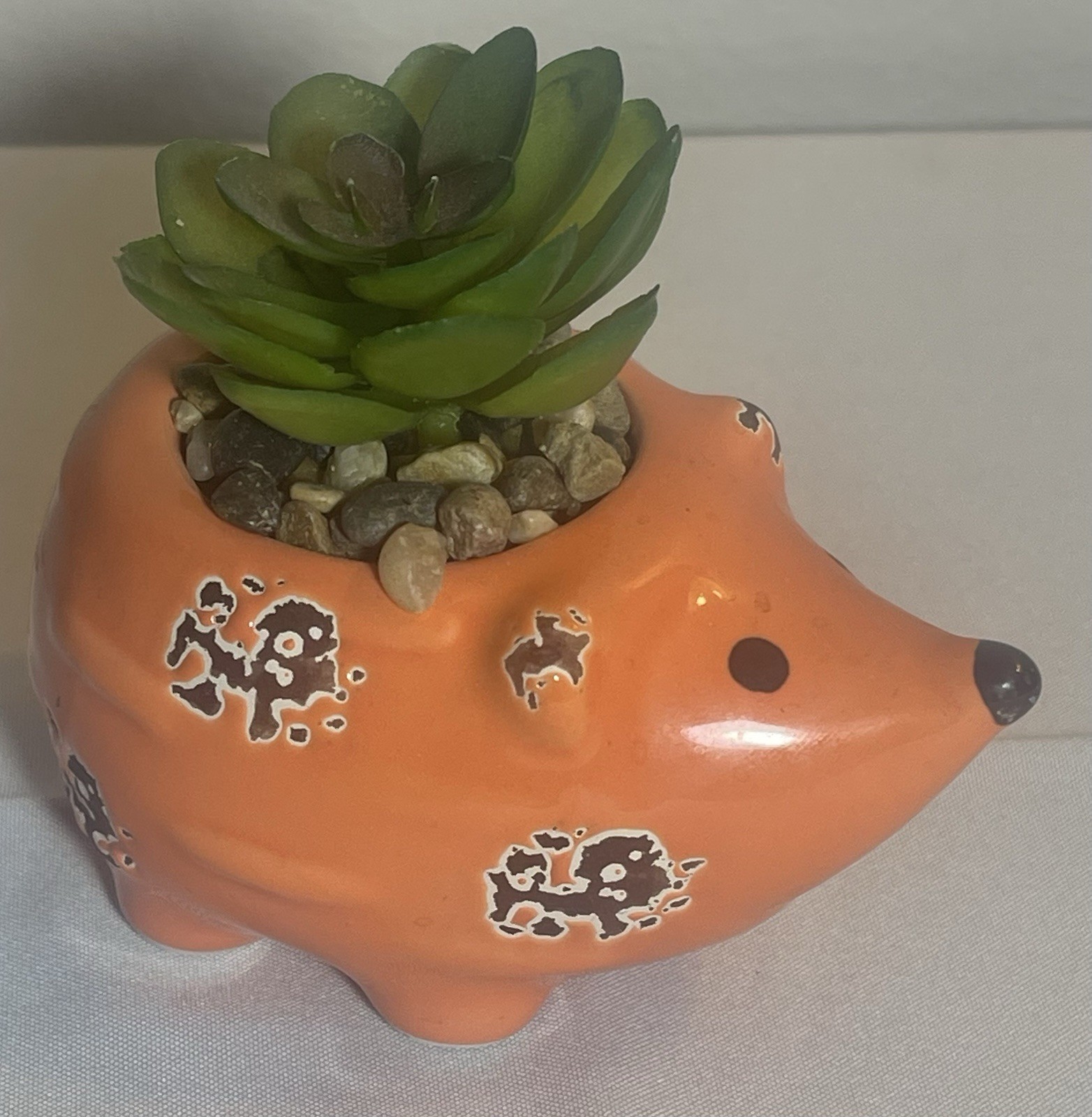 Orange Rustic Hedgehog with Faux Succulent Plant And Glued Pebbles 4x3x 3.5”