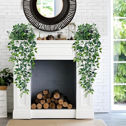 Fake Hanging Plants with Pot Deep Green Eucalyptus Leaves 2Pcs Mandala Vines