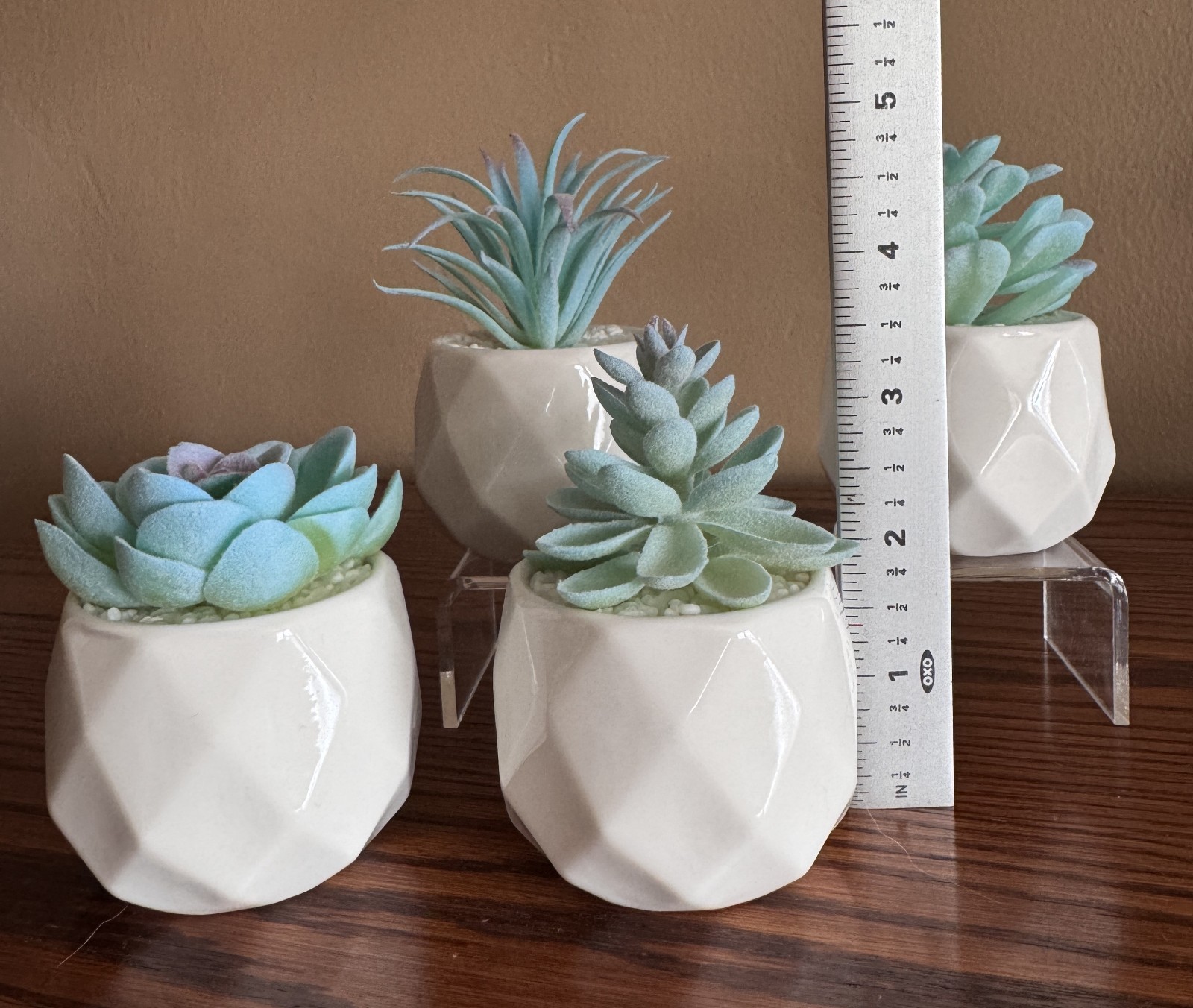 VIVERIE 4-Pack Mini Artificial Succulents ~ Blue Plants w/White Ceramic Pots NEW