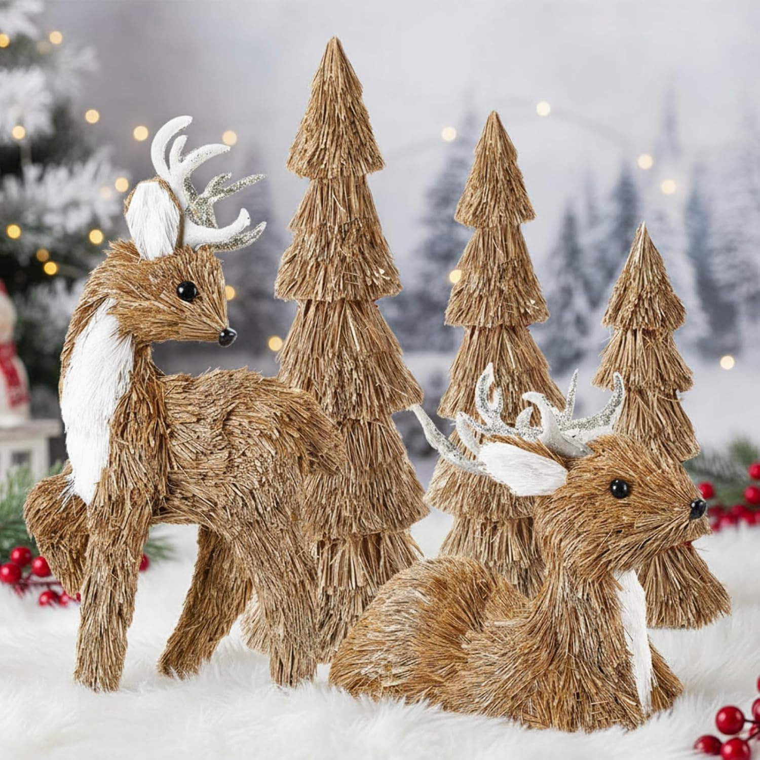 5 Pcs Christmas Sisal Reindeer Tree Centerpieces Table Fireplace Decor Christmas