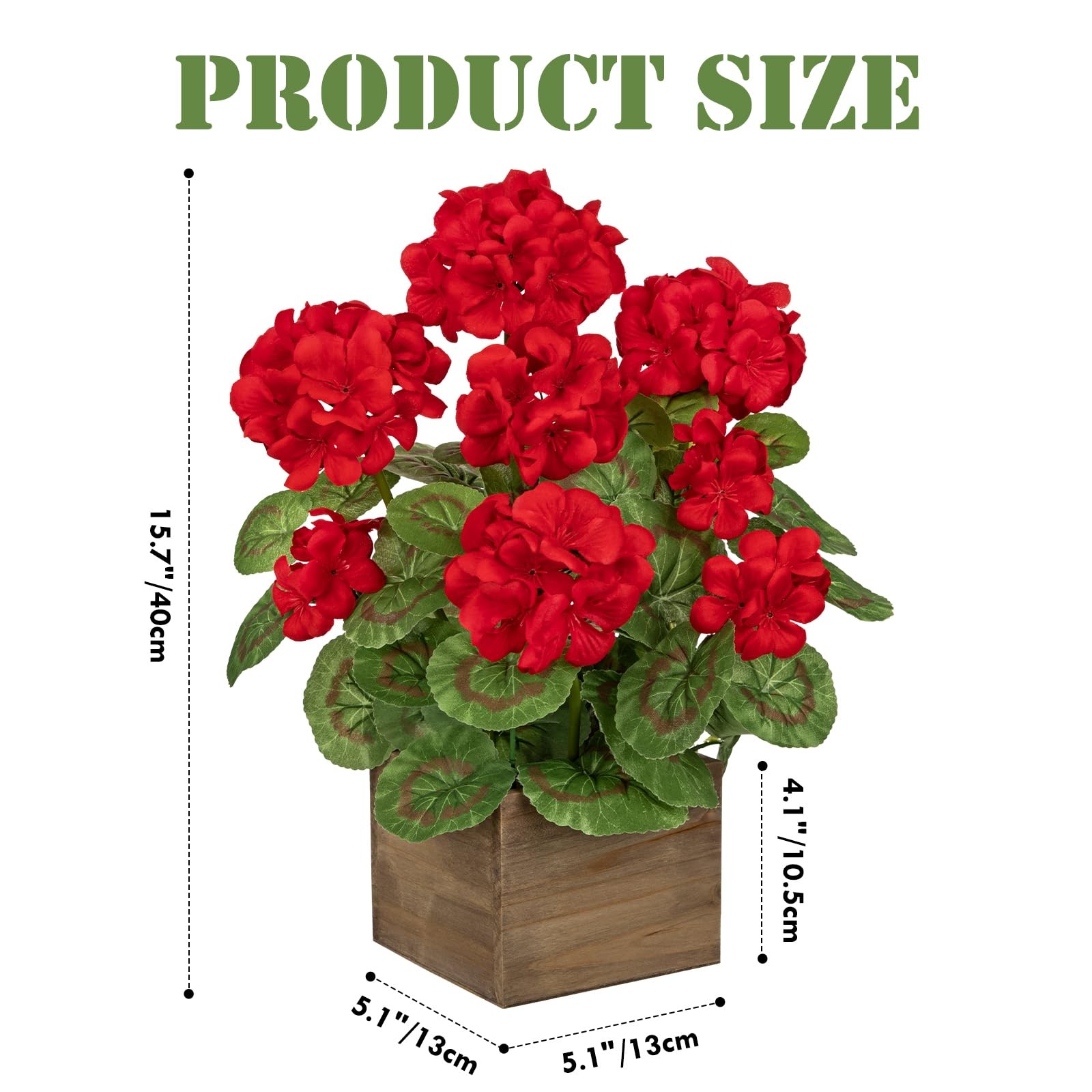 Artificial Geraniums Flowers in Square Wooden , Faux Red Silk Geranium Potted…