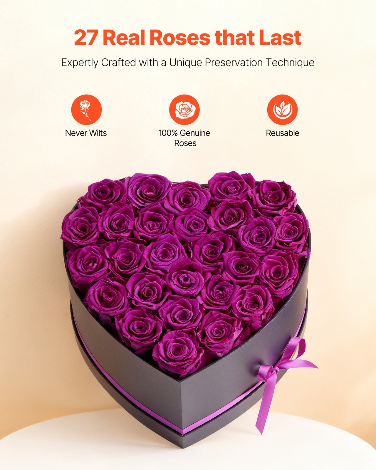 VEVOR Forever Flowers 27 Preserved Roses Heart Box Eternal Bouquet Purple