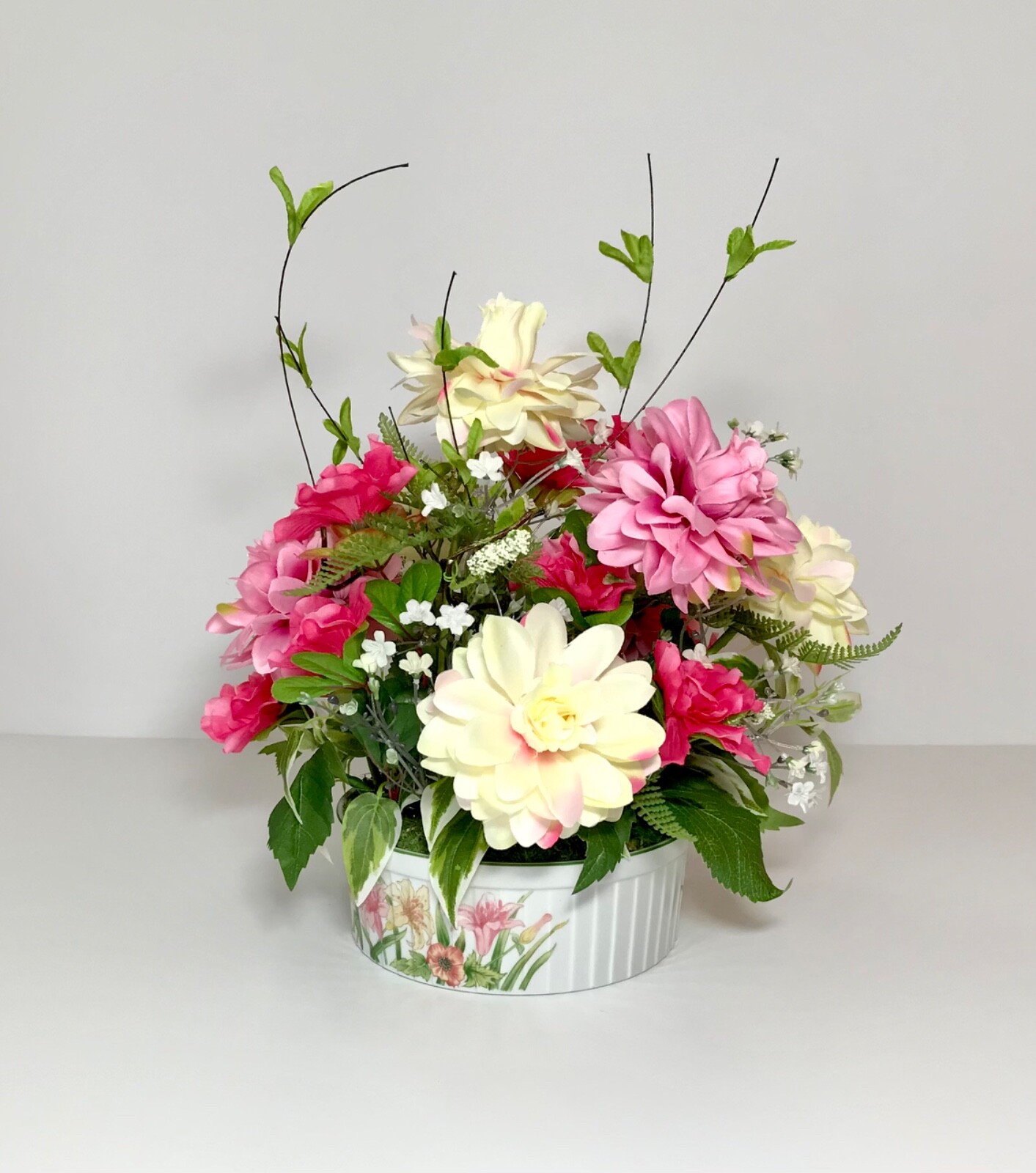 PINK WHITE CREAM FLOWERS ARRANGEMENT PORCELAIN VASE FLORAL CENTERPIECE GIFT NEW