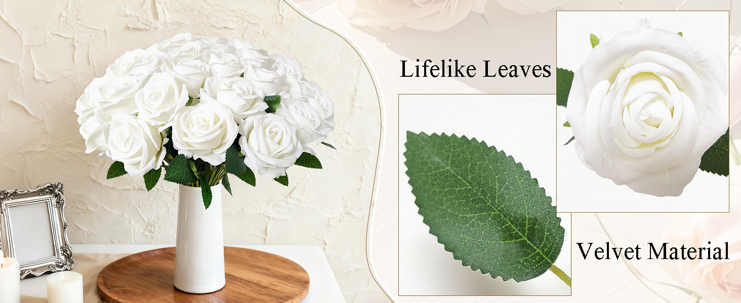 100Pcs White Roses Artificial Flowers with Stems，Fake Roses Bouquet Fake Flowers