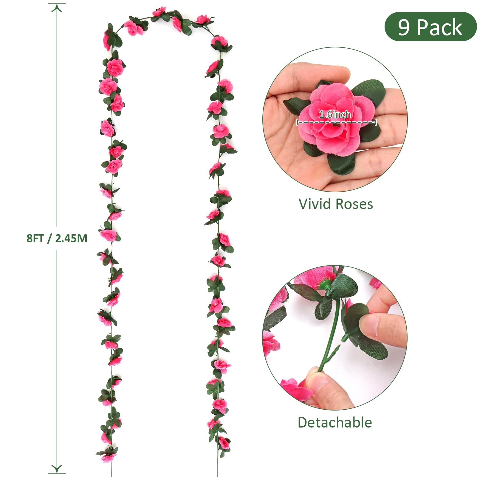 9 Pack 72 FT Artificial Flower Garland, Pink Roses Vines Silk Flowers Faux Pl…