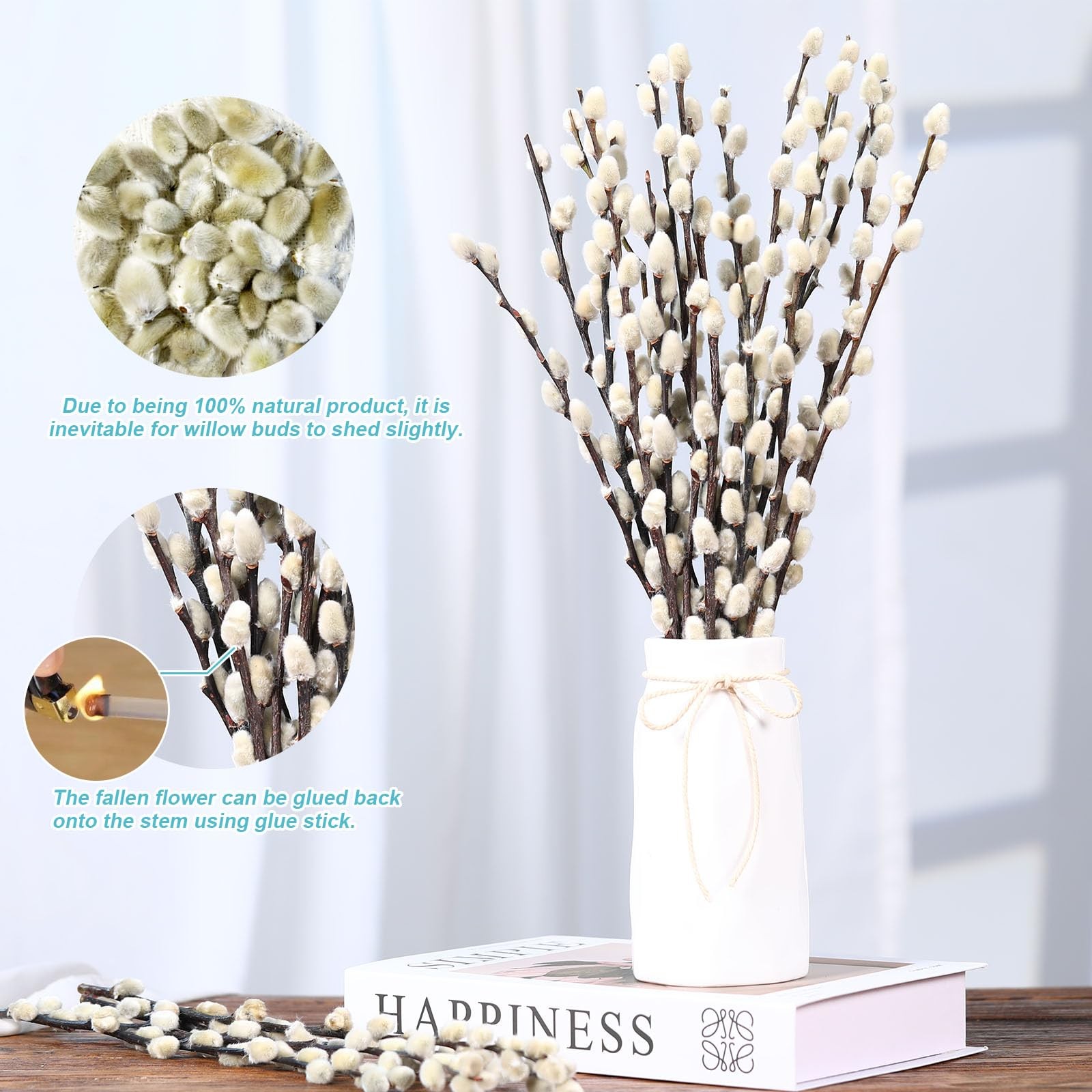 Natural Preserved Dried PussyWillow Branches for Vases, 25 Stems Real Willows…