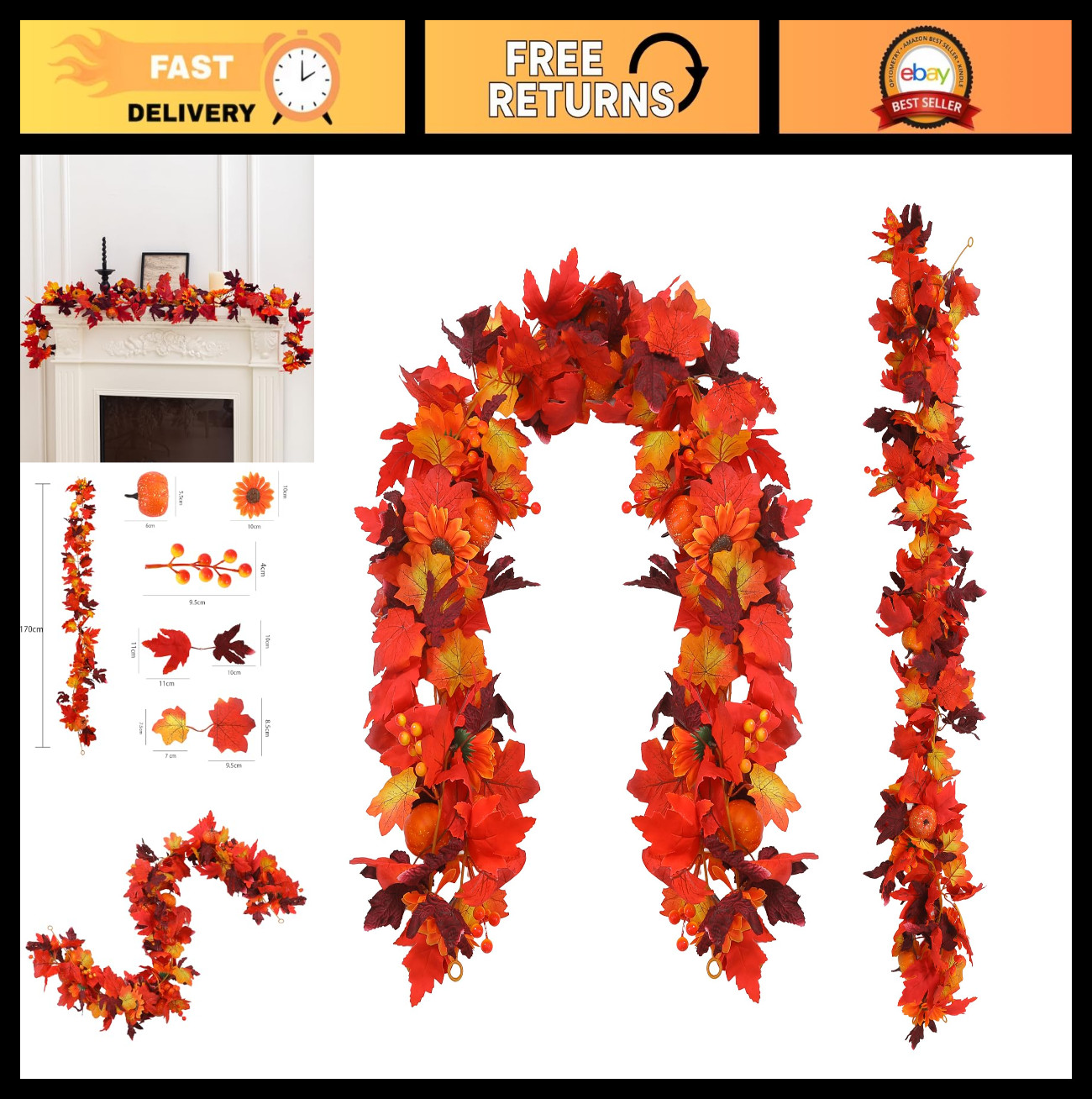 7FT Artificial Fall Garland – Maple Leaves, Pumpkins & Berries for Thanksgiving