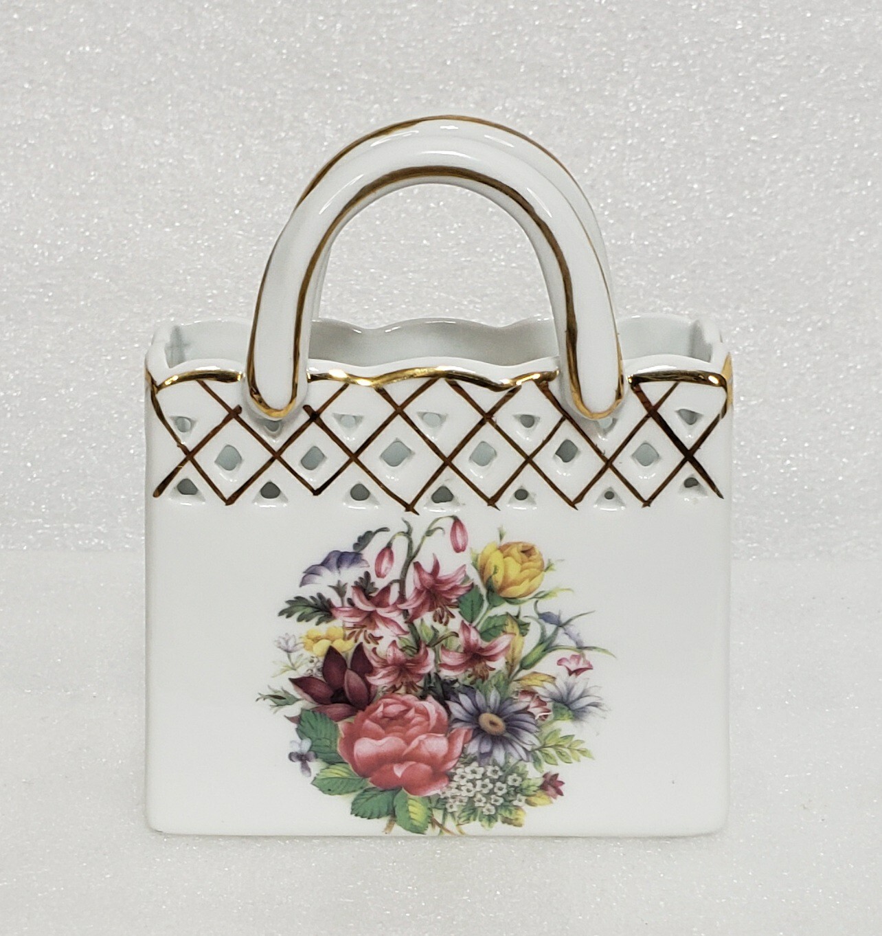Herman Dodge Ceramic Purse Vase 4.75″ w Faux Flowers Old World Collection