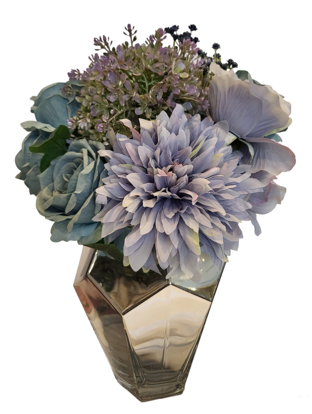 A real touch Faux Flower Arrangement in a geometric silver Glass Vase
