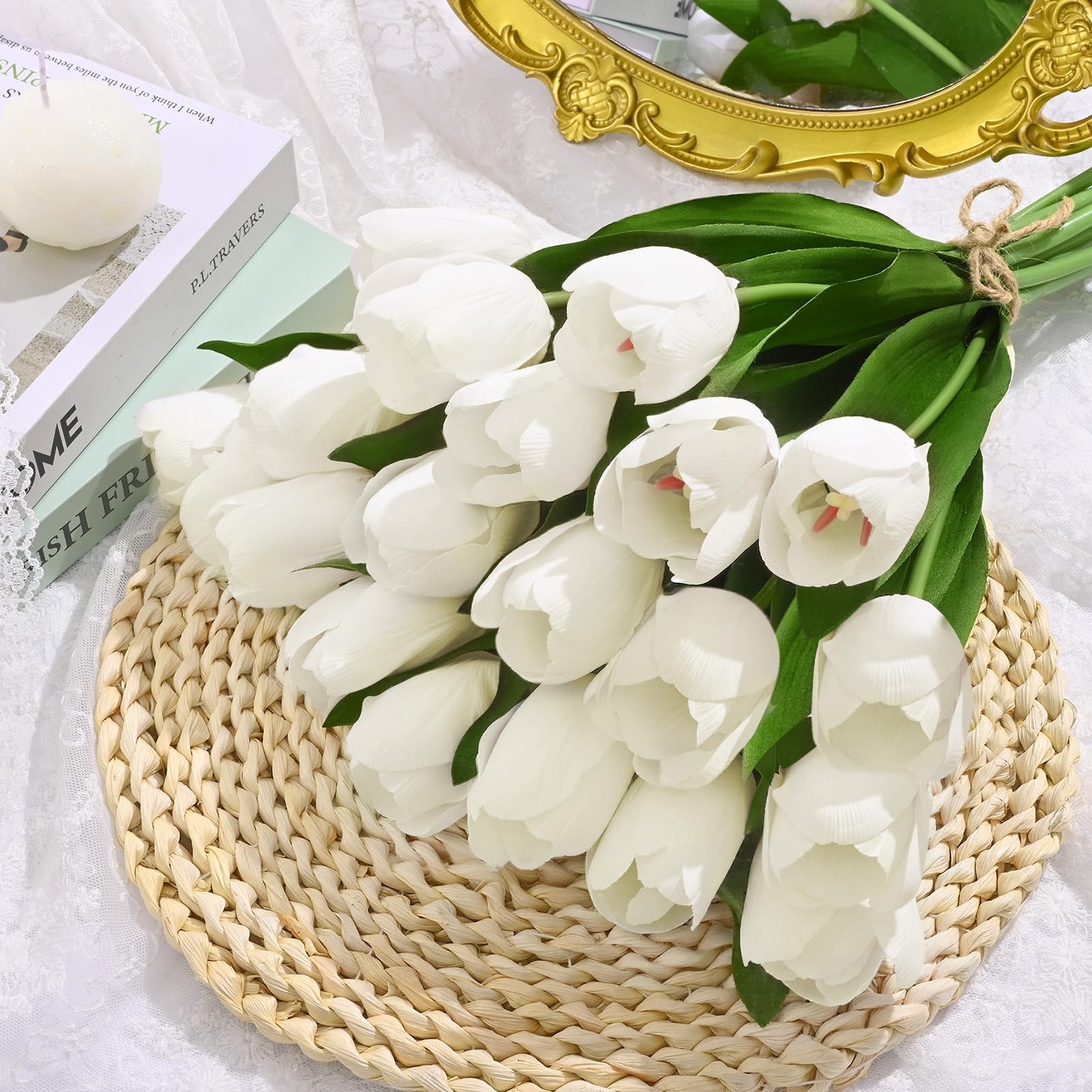 12 PCS White Artificial Tulips Real Touch Faux Flowers 14 Inch Bouquet