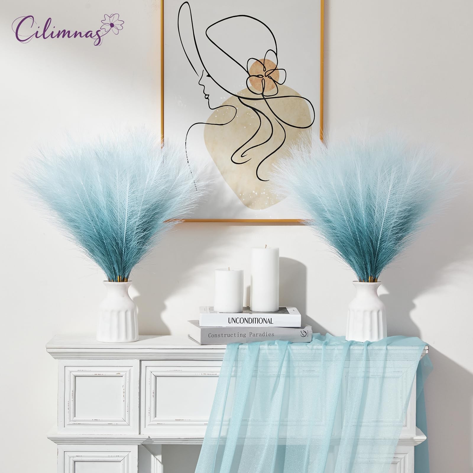 50 PCS 17.7 Inch Artificial Fluffy Faux Pampas Grass Gradient Blue Decor