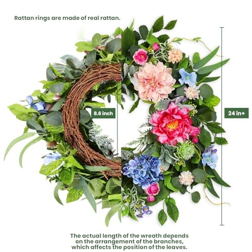 24 Inch Spring Wreaths for Front Door, Artificial Front Door Wreath Hydrangea